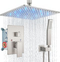 Aolemi Ceiling Mount Shower Faucet Set with Handheld Spray High Pressure Shower Faucets Sets Complete Rough-in Valve and Shower Trim Kit System Included Rainfall Brushed Nickel 12 Inch LED Shower Head