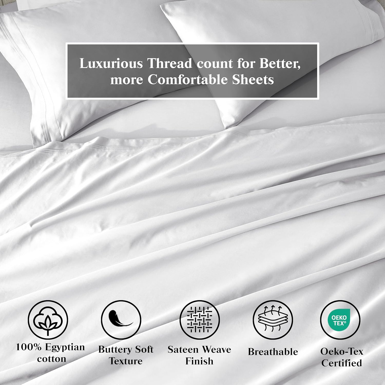 Superior Egyptian Cotton 3 Piece Sheet Set, 650 Thread Count, Eco-Friendly, Sustainable Sheets, Ultra-Soft Basics, Solid, Deep Pocket Fitted Sheet, Flat Sheet, Pillowcase, Twin XL, White