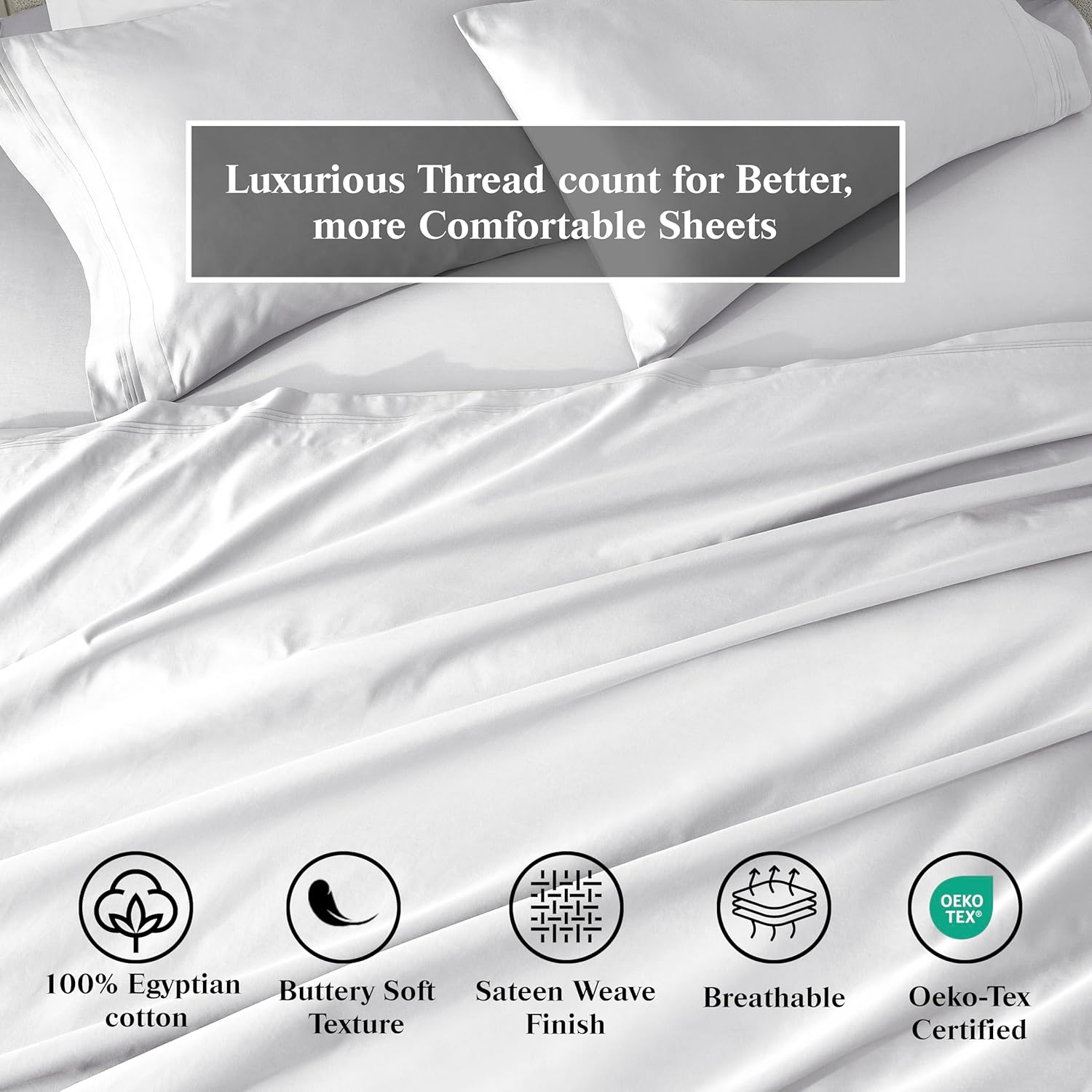Superior Egyptian Cotton 4 Piece Sheet Set, 650 Thread Count, Eco-Friendly, Sustainable Sheets, Ultra-Soft Basics, Solid, Deep Pocket Fitted Sheet, Flat Sheet, Pillowcases, Queen, White