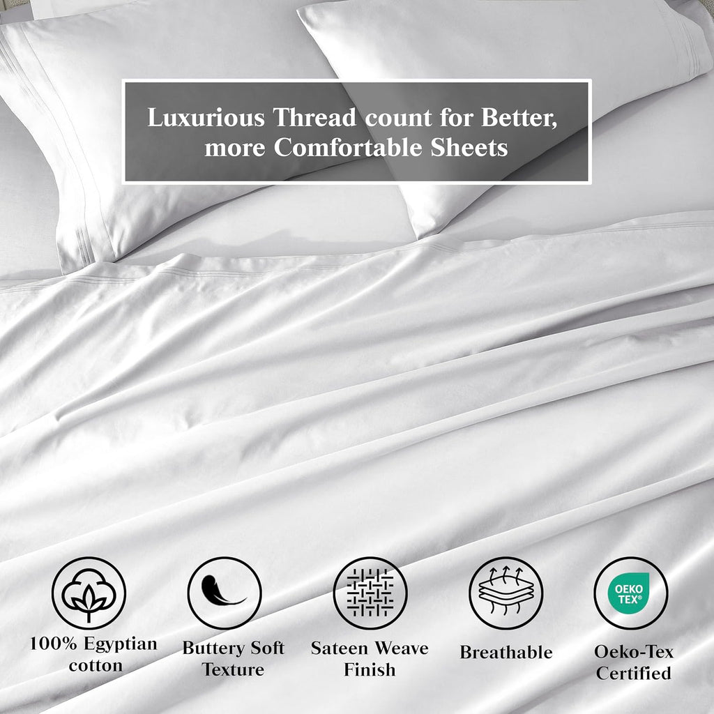 Superior Egyptian Cotton 4 Piece Sheet Set, 650 Thread Count, Eco-Friendly, Sustainable Sheets, Ultra-Soft Basics, Solid, Deep Pocket Fitted Sheet, Flat Sheet, Pillowcases, Olympic Queen, White