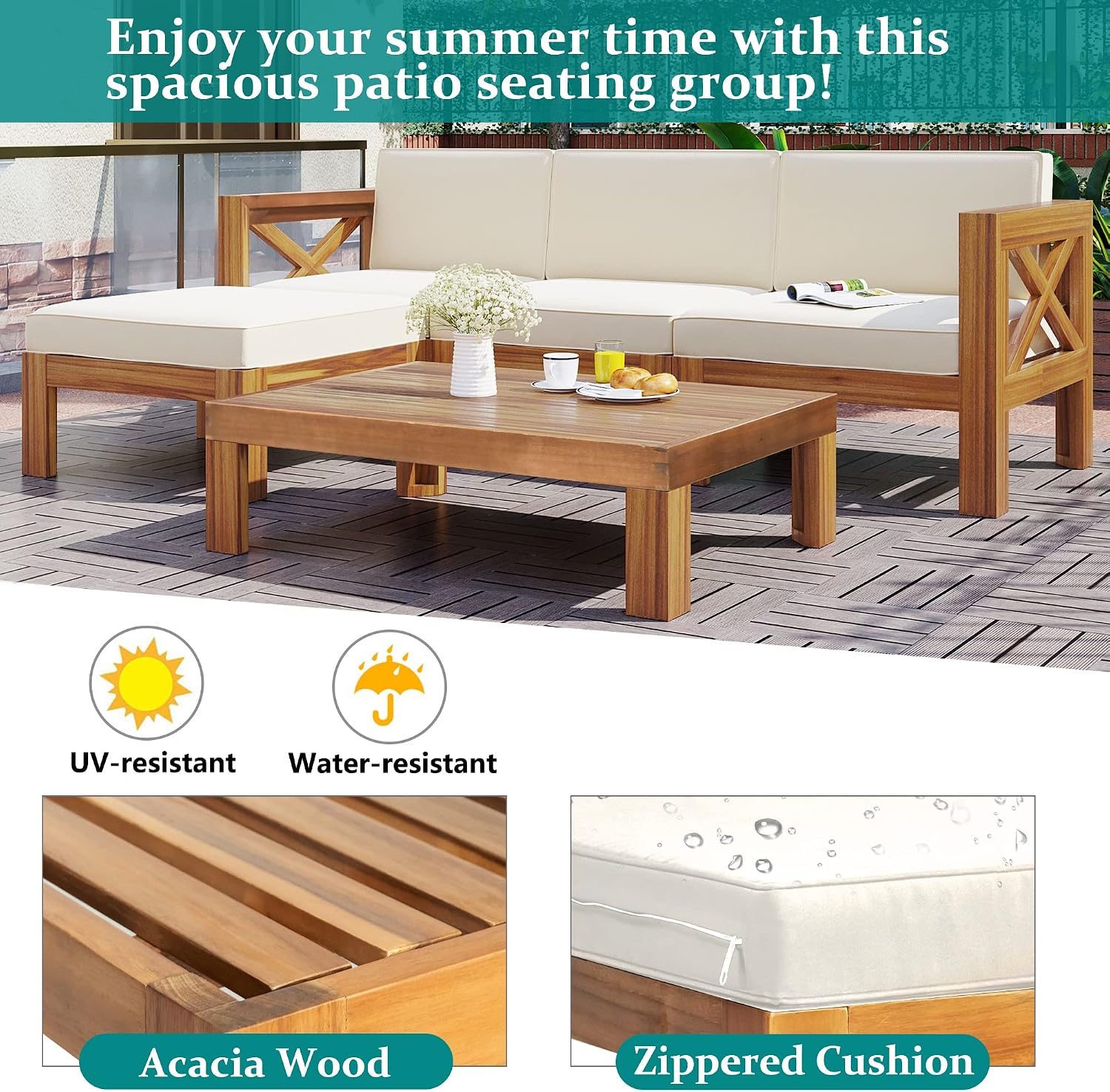 5-Piece Sectional Sofa Seating Group Set With Cushions,Outdoor Backyard Patio Wood Sectional Seating Group With Tea Table And Ottoman For Backyard,Garden,Poolside (Natural Finish+ Beige Cushions-01)
