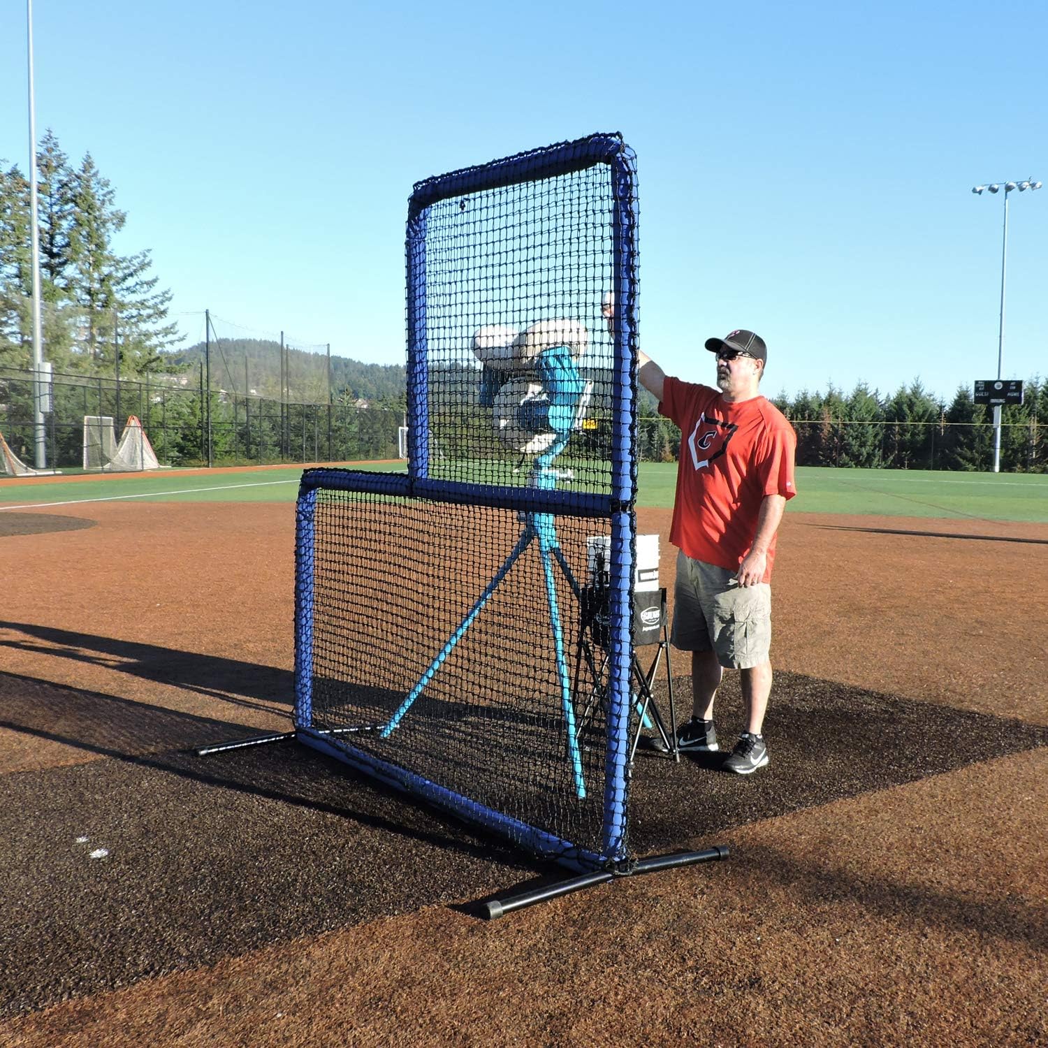 JUGS Protector Blue Series L-Shaped Pitchers Screen — Baseball Pitcher and Pitching Machine Protection, 7'H x 7'W with a 3' x 3' cutout, 60 Ply Poly-E Netting and 1.5' Diameter Frame, 1-Year Guarantee