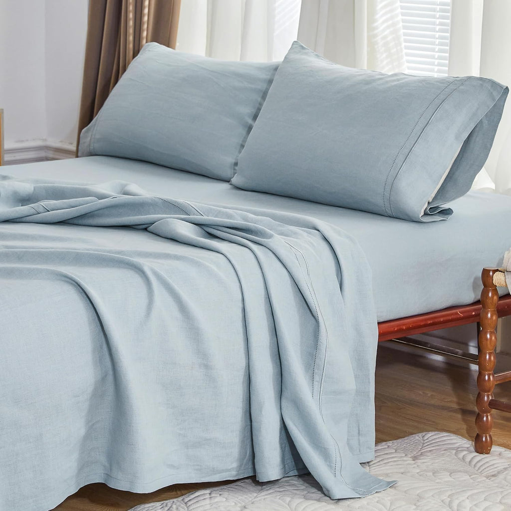 Simple&Opulence 100% French Linen Sheet Set Breathable Durable for Hot Sleepers Bedding 4 Pcs-1 Flat Sheet,1 Fitted Sheet,2 Pillowcases with Hemstitch Lace Embroidery Luxury Design (Dusty Blue, Queen)