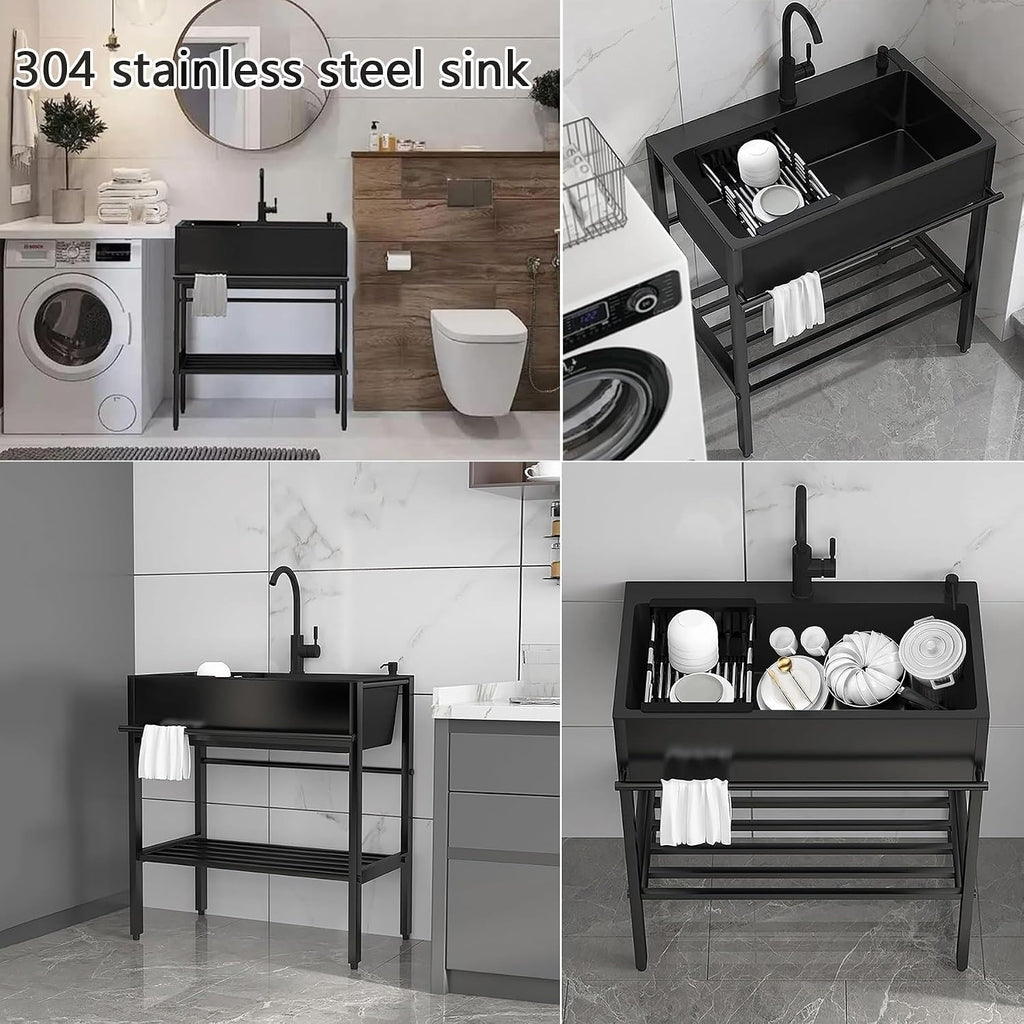 Utility Sink with Cabinet, Freestanding Stainless Steel Single Bowl Kitchenette Sink,Prep Laundry Tub, for Garage, Outdoor, Kitchen, Commercial, Workshop, Pet Wash Station, Includes Faucet, Black (Si