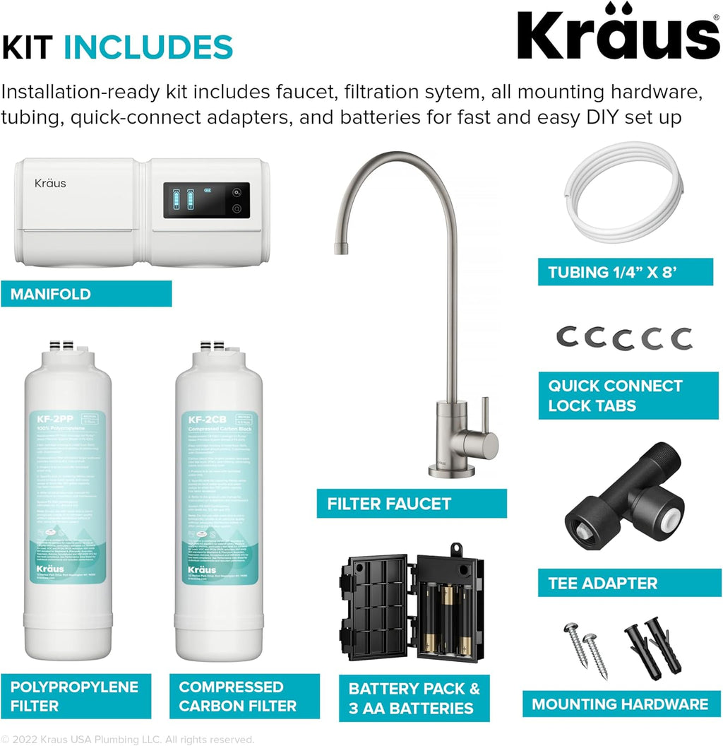 KRAUS Purita 2-Stage Under-Sink Water Filter System with Single Handle Drinking Water Filter Faucet, Spot-Free Stainless Steel