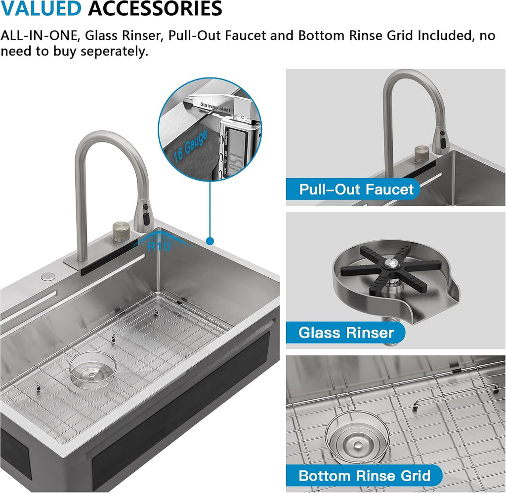 33'x22' Drop In Waterfall Kitchen Sink - 16 Gauge 304 Stainless Steel Top Mount Multifunctional Single Bowl Smart Workstation Waterfall Sink with Faucet Combo, Glass Rinser