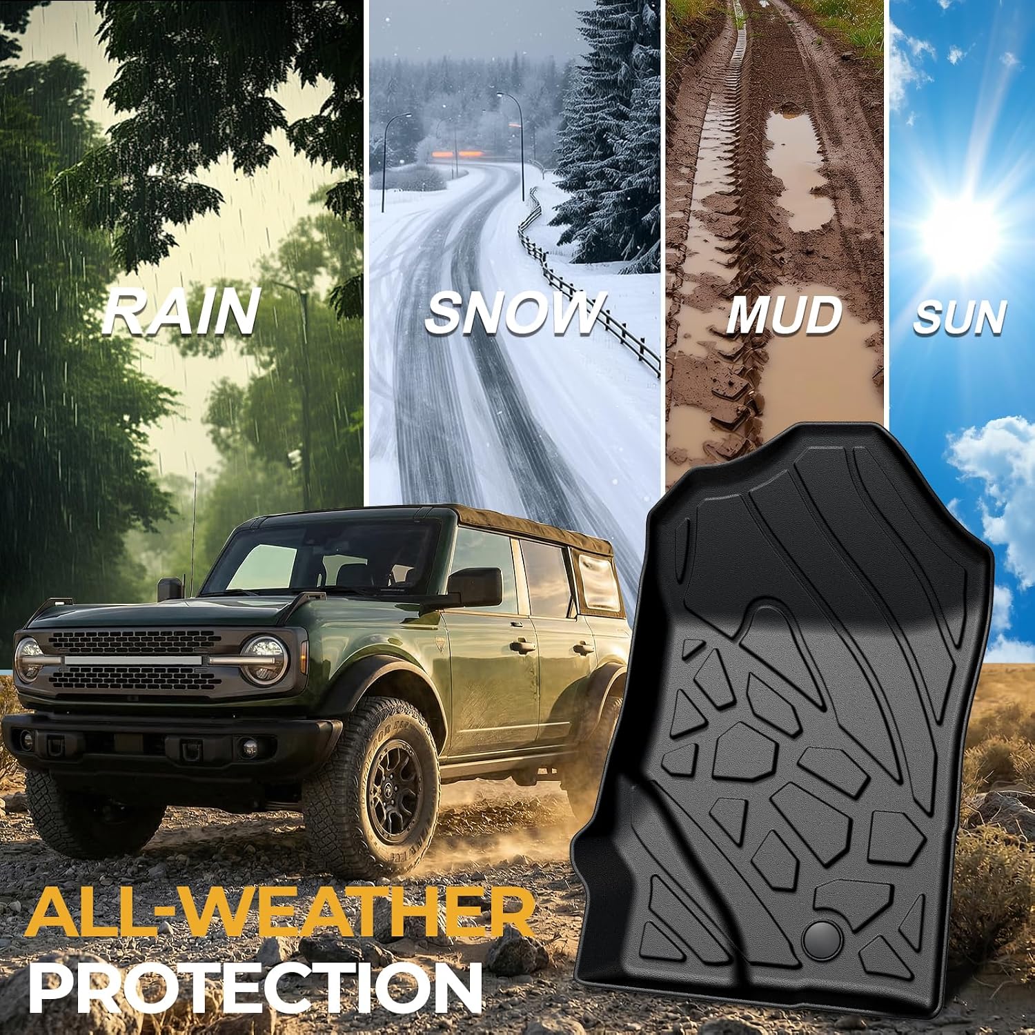 Floor Mats for Ford Bronco 2021-2026, All Weather Floor Mats Trunk Cargo Liner with Backrest Protectors and Door Sill Guards Accessories, Full Coverage Set (Fit 4 Door Models)