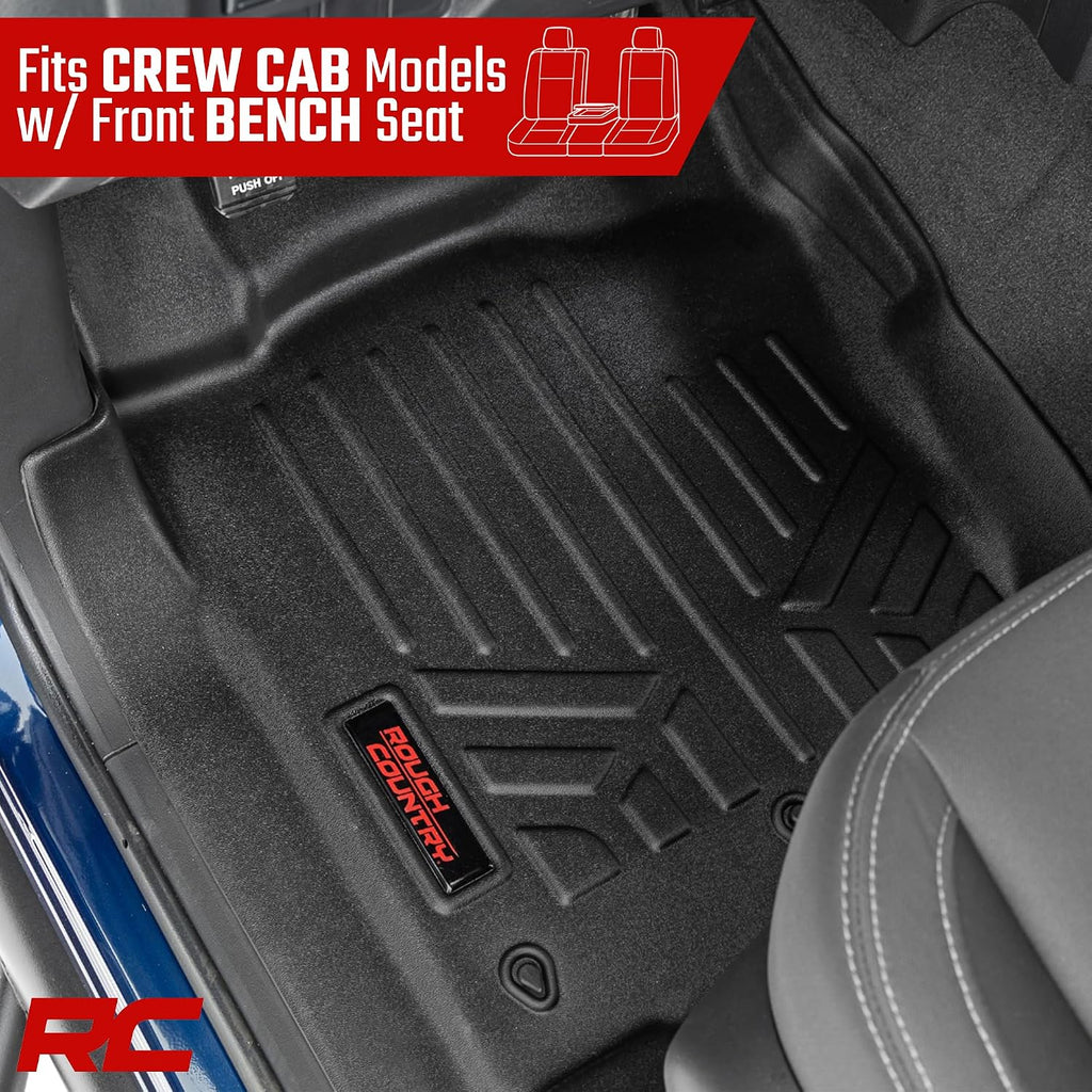 Rough Country Floor Armor Front & Rear Floor Mats for Nissan Titan (2017–2024) & Titan XD (2016–2024) Crew Cab w/Front Bench Seats - All-Weather Protection, Spill Saver Lip