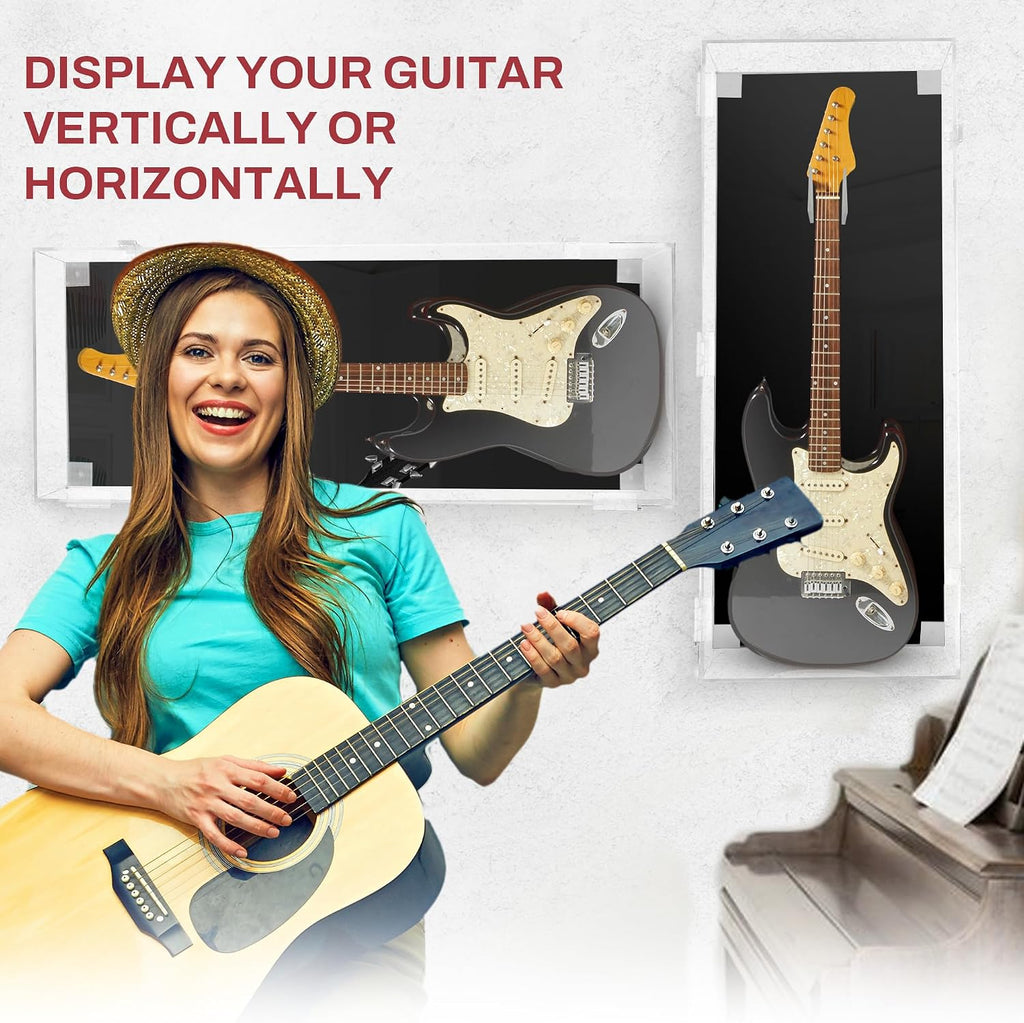 PENNZONI Electric Guitar Display Case - Fully Acrylic Case with Black Back - Horizontal Wall Mount