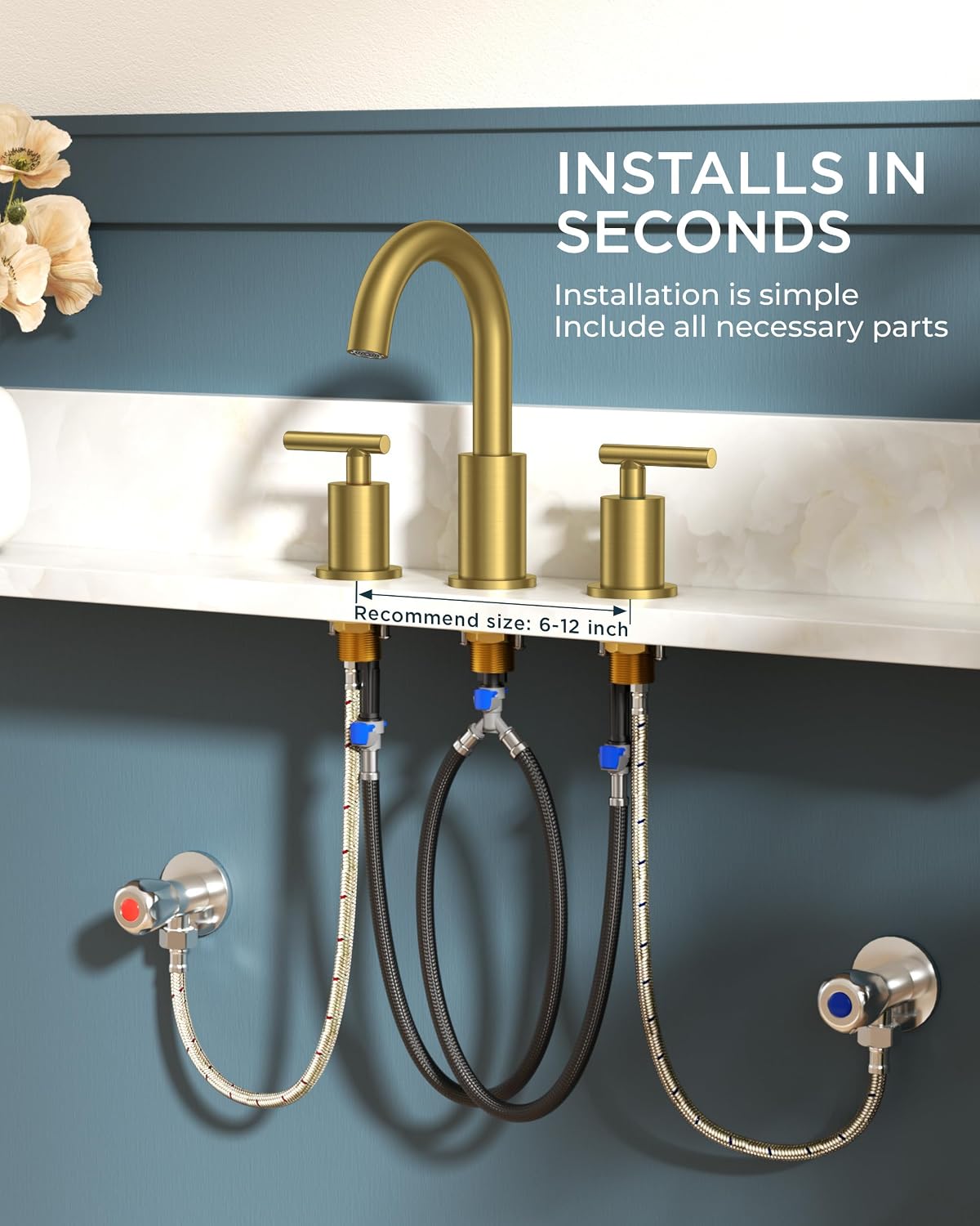 FORIOUS 2 Pack 8 Inch Widespread Brushed Gold Bathroom Faucet 3 Hole, 2 Handle Gold Sink Faucet Bathroom Vanity with 360 Degree Swivel Spout, with Pop Up Drain and cUPC Supply Line