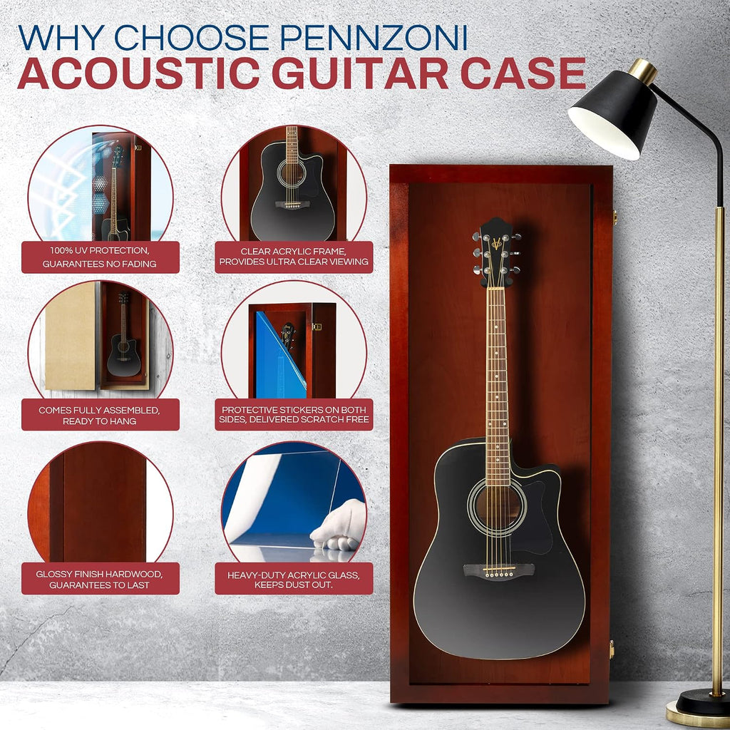 PENNZONI Acoustic Guitar Display Case - Acrylic Acoustic Guitar Case - Guitar Display Case Wall Mount Made from Hardwood Frame & Clear Acrylic - Cherry w/No Felt