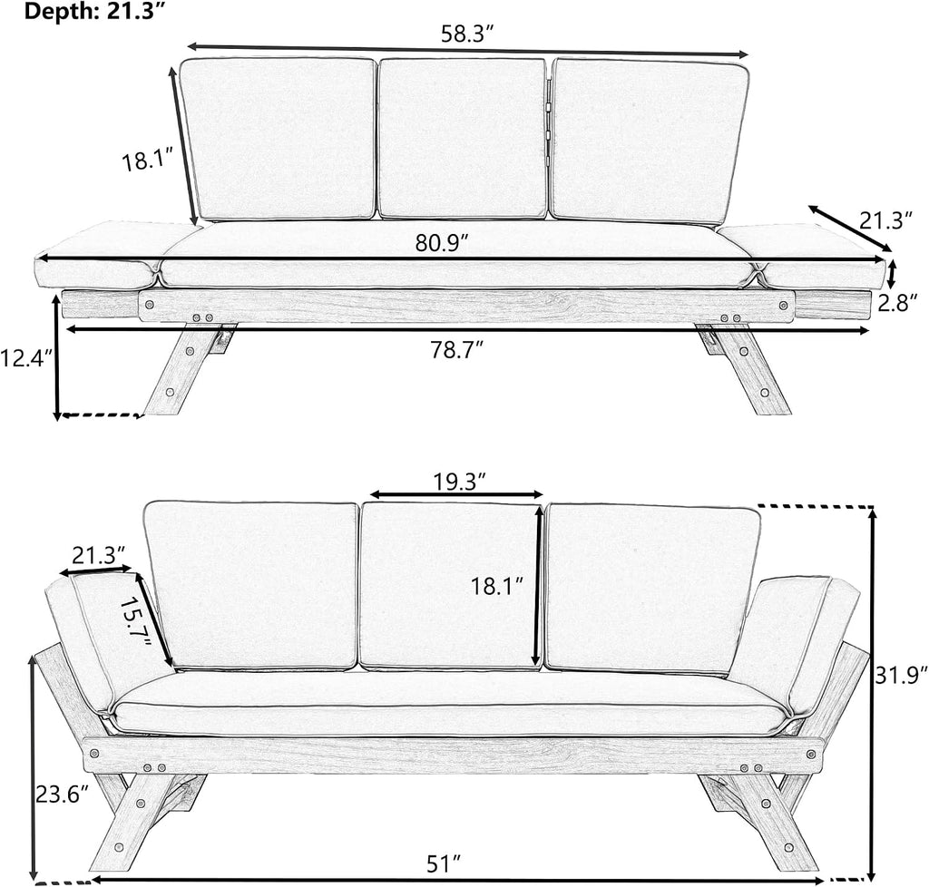Outdoor Adjustable Patio Wooden Daybed Sofa Chaise Lounge with Cushions for Small Places Porch Lawn Garden Backyard Poolside (Brown Finish+Beige Cushion-02)