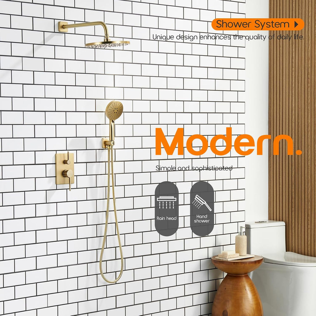 Bathroom Shower Trim Kit with 10'' High Pressure Rain Shower Head, 3-Function Handheld Spray and Valve Included, Wall Mounted Gold Finish SF001GD-D10
