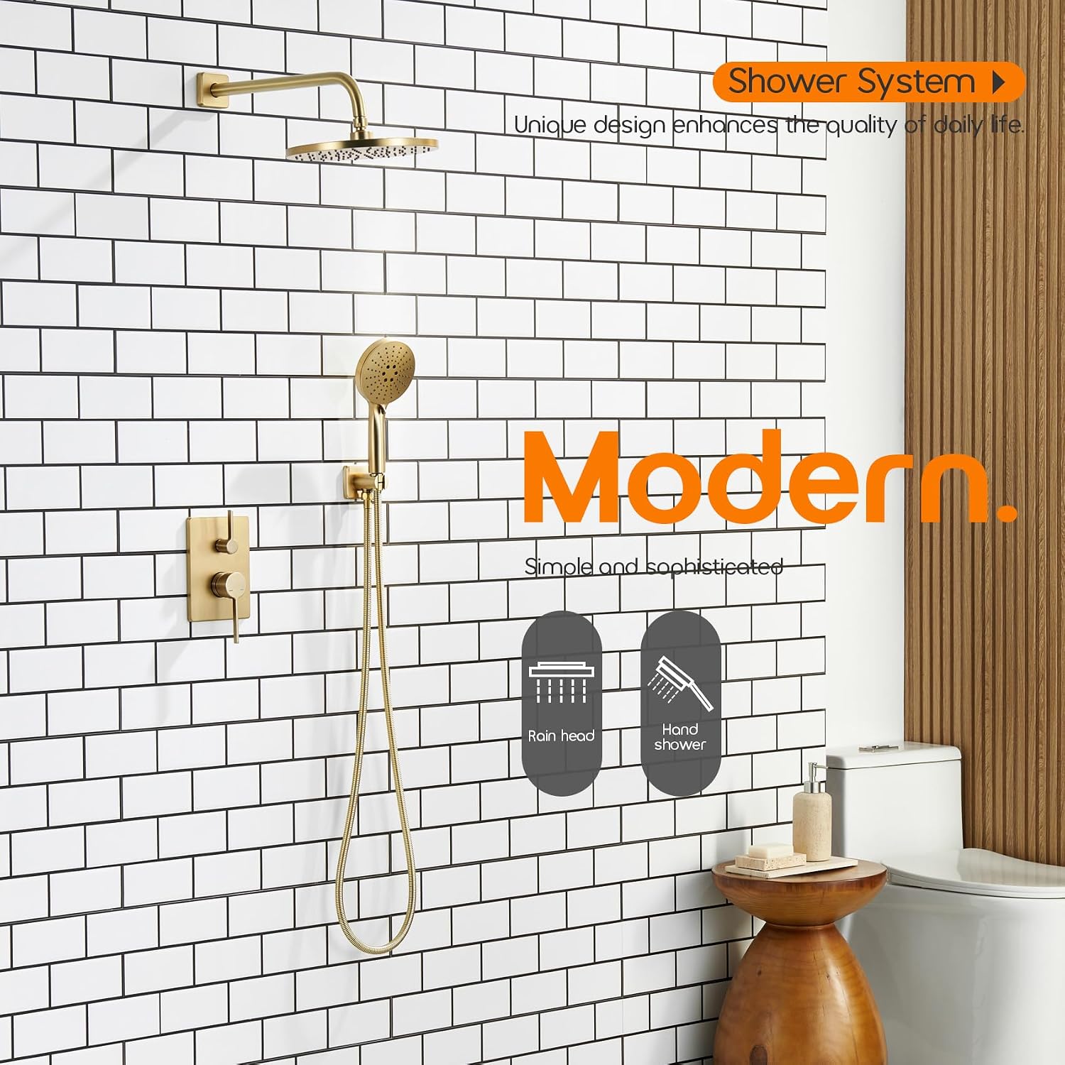 Bathroom Shower Trim Kit with 10'' High Pressure Rain Shower Head, 3-Function Handheld Spray and Valve Included, Wall Mounted Gold Finish SF001GD-D10