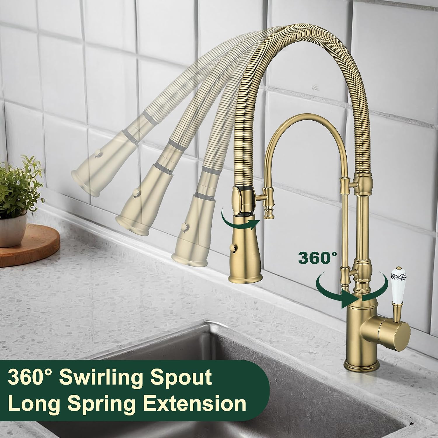 Antique High Arc Classical Single Handle Spring Kitchen Faucet with Pull Down Sprayer, Swiveling Commercial Kitchen Sink Faucets for Farmhouse, Vintage Sink Faucet, Brushed Gold