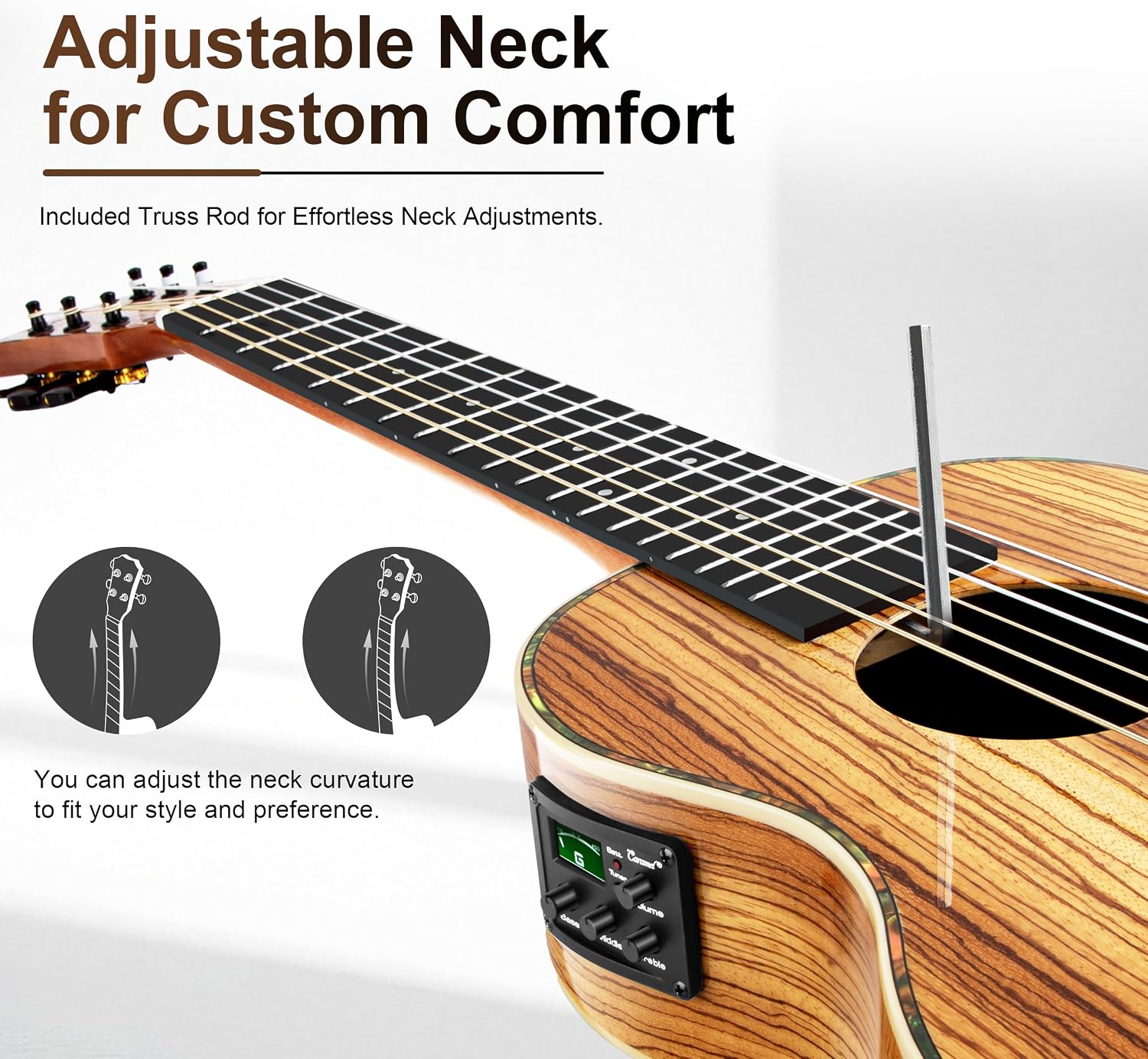Caramel 6 String CB103G 30 Inch High Gloss Zebra Wood Acoustic & Electric Ukulele Guitalele with Truss Rod with Padded Gig Bag, Strap