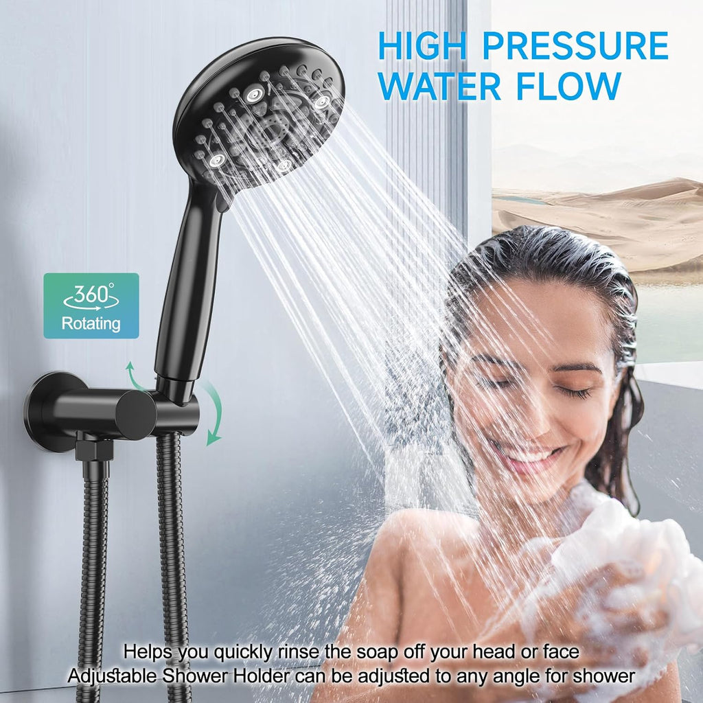 EMBATHER Shower Faucet Sets - Overhead Rain Head Shower System with High Pressure Handheld Complete Combo and Mixer Valve Trim Kit - Matte Black Rainfall Shower Fixture for Luxury Bathroom