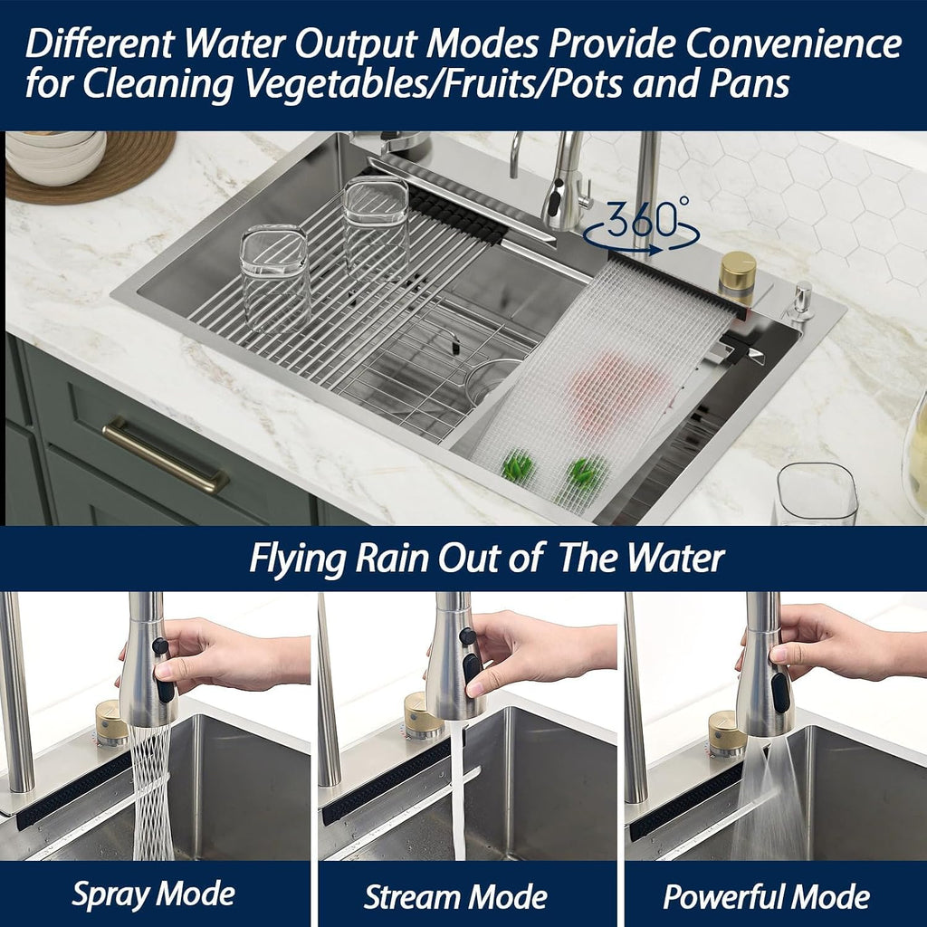 Logmey Waterfall Sink 33x19 Drop in Kitchen Sink with Pull-out Faucet,Multifunctional All in One Workstation Sinks,16 Gauge Stainless Steel,Double Step,5 Hole,Ideal for Luxury & Minimalist Style