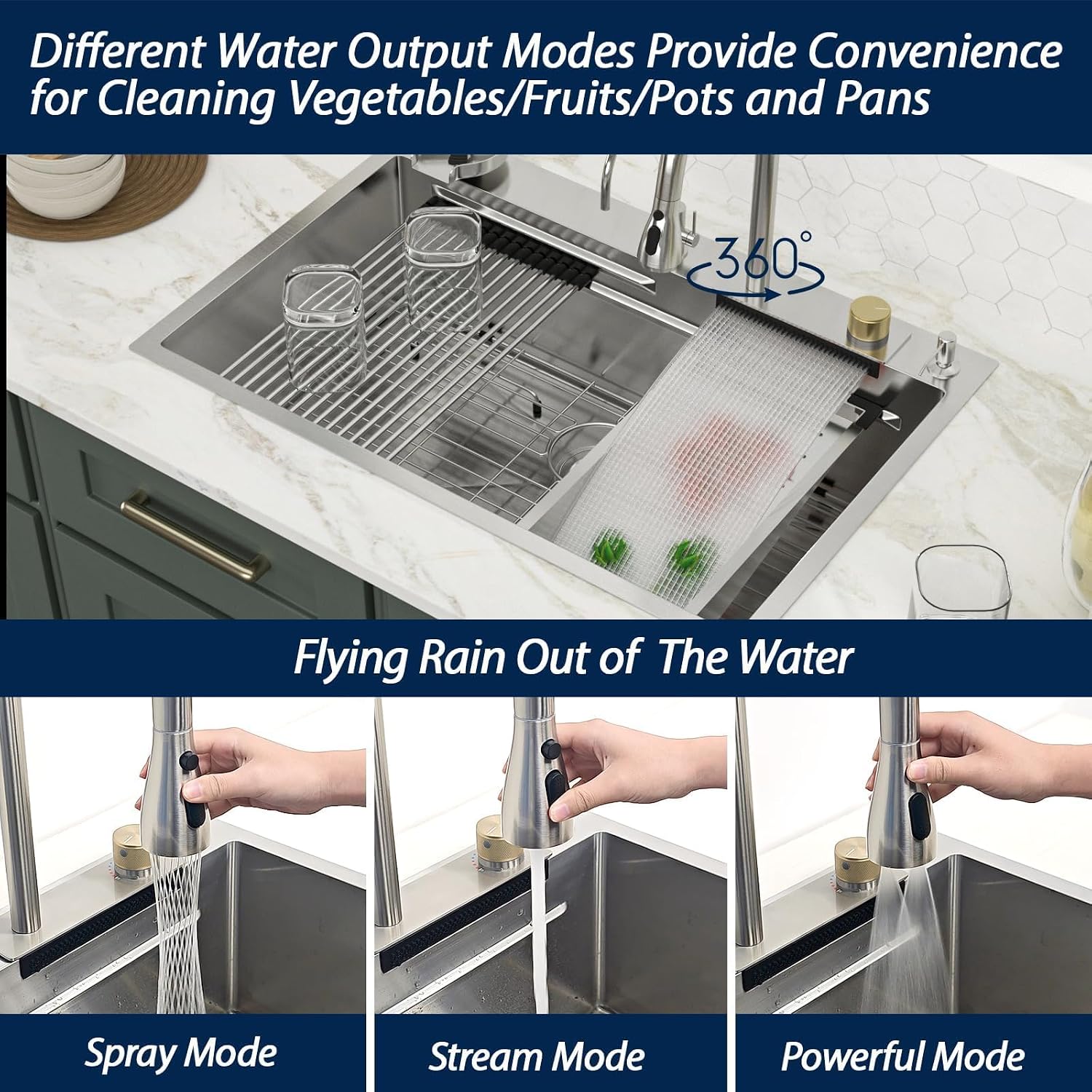 Logmey Waterfall Sink 33x19 Drop in Kitchen Sink with Pull-out Faucet,Multifunctional All in One Workstation Sinks,16 Gauge Stainless Steel,Double Step,5 Hole,Ideal for Luxury & Minimalist Style
