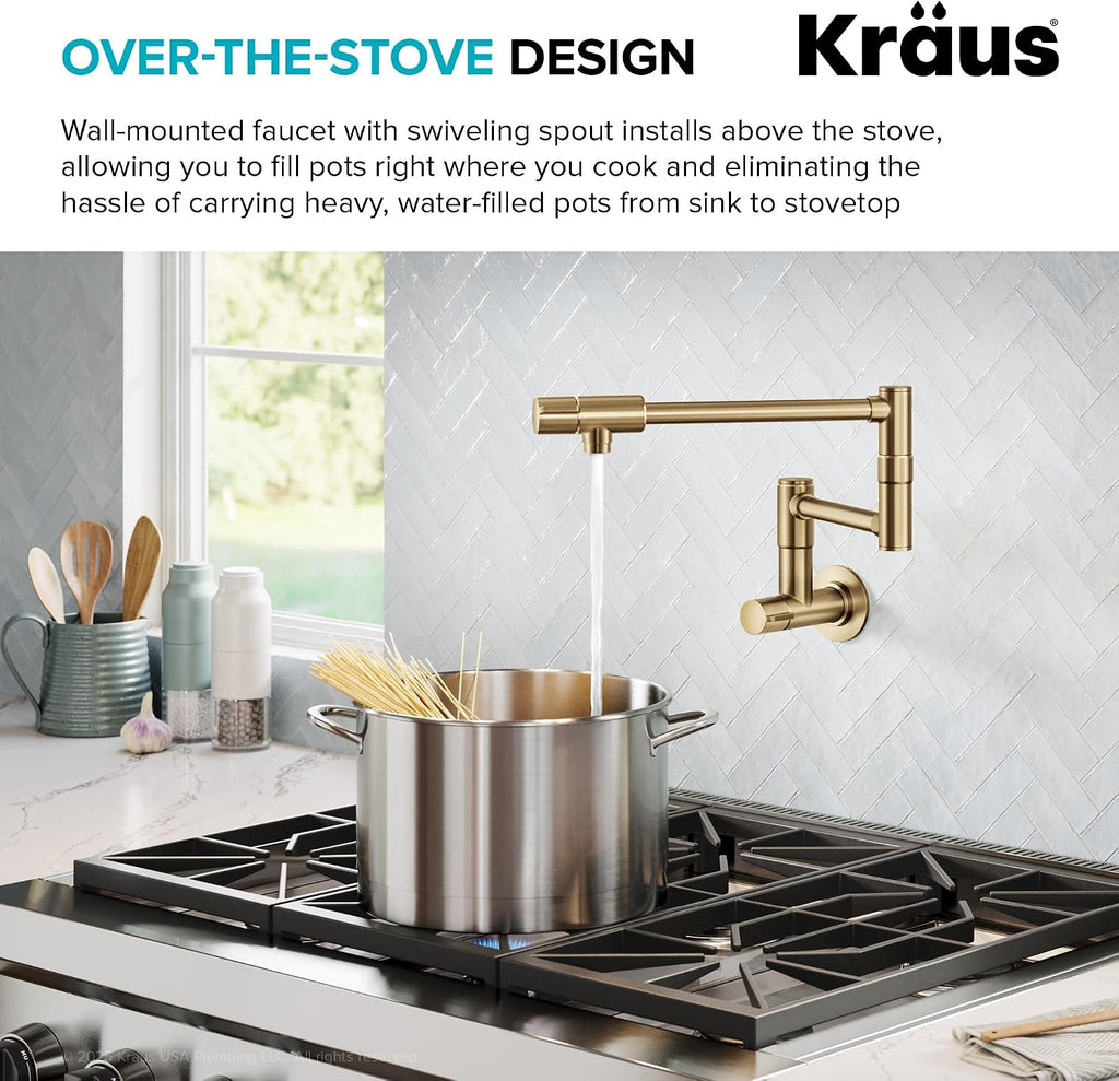 KRAUS Bolden Pot Filler Faucet with Retractable Arm, Wall Mount Kitchen Faucet, Pot Filler for Stove in Spot-Free Brushed Brass, KPF-5003SFBB