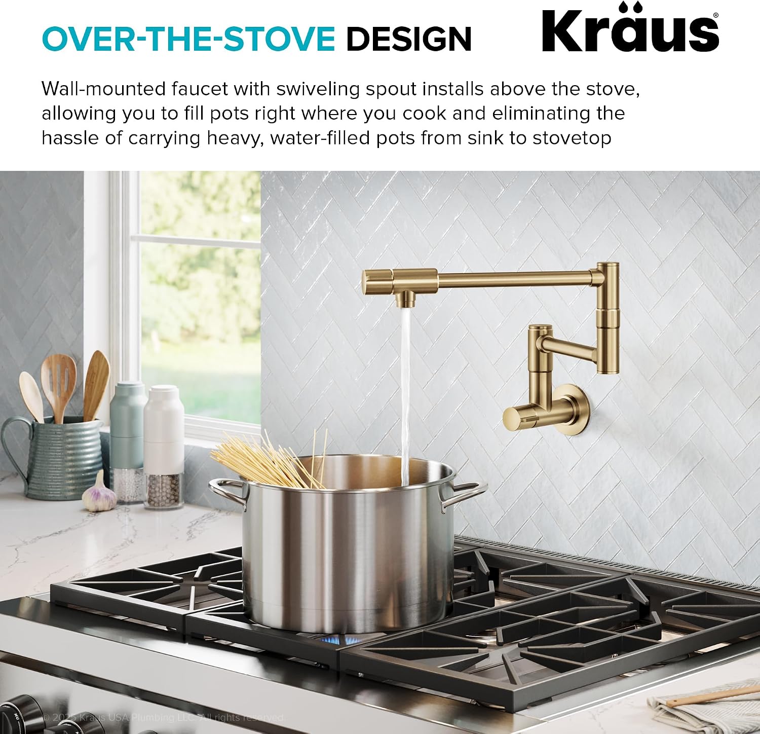 KRAUS Bolden Pot Filler Faucet with Retractable Arm, Wall Mount Kitchen Faucet, Pot Filler for Stove in Spot-Free Brushed Brass, KPF-5003SFBB