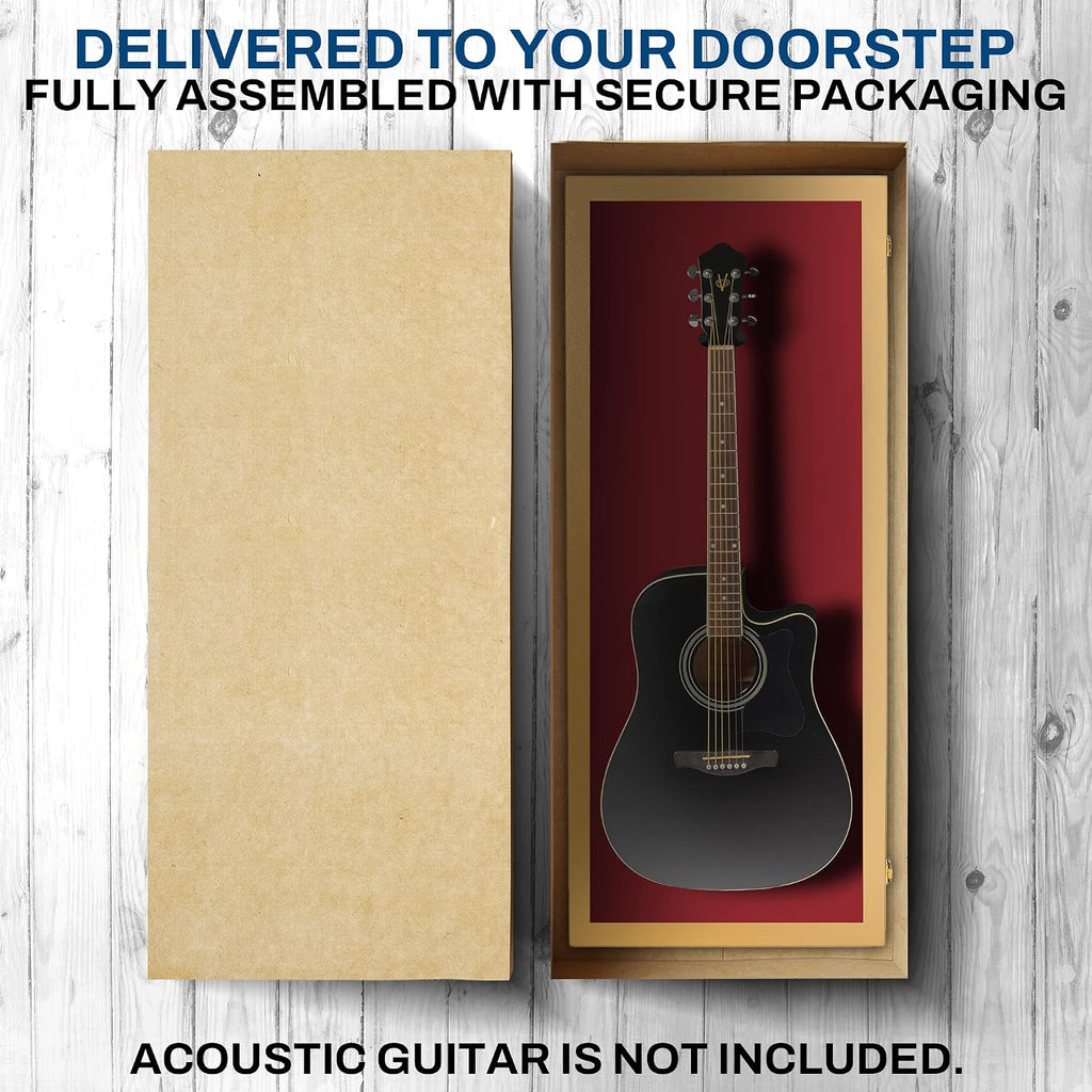 PENNZONI Acoustic Guitar Display Case - Acrylic Acoustic Guitar Case - Guitar Display Case Wall Mount Made from Hardwood Frame & Clear Acrylic - Golden Oak w/Red Felt