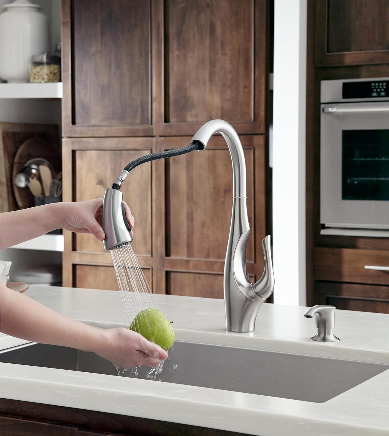 Pfister Indira Kitchen Sink Faucet with Pull Down Sprayer and Soap Dispenser Single Handle High Arc Spot Defense Stainless Steel Water-Efficient AccuDock F5297NDGS