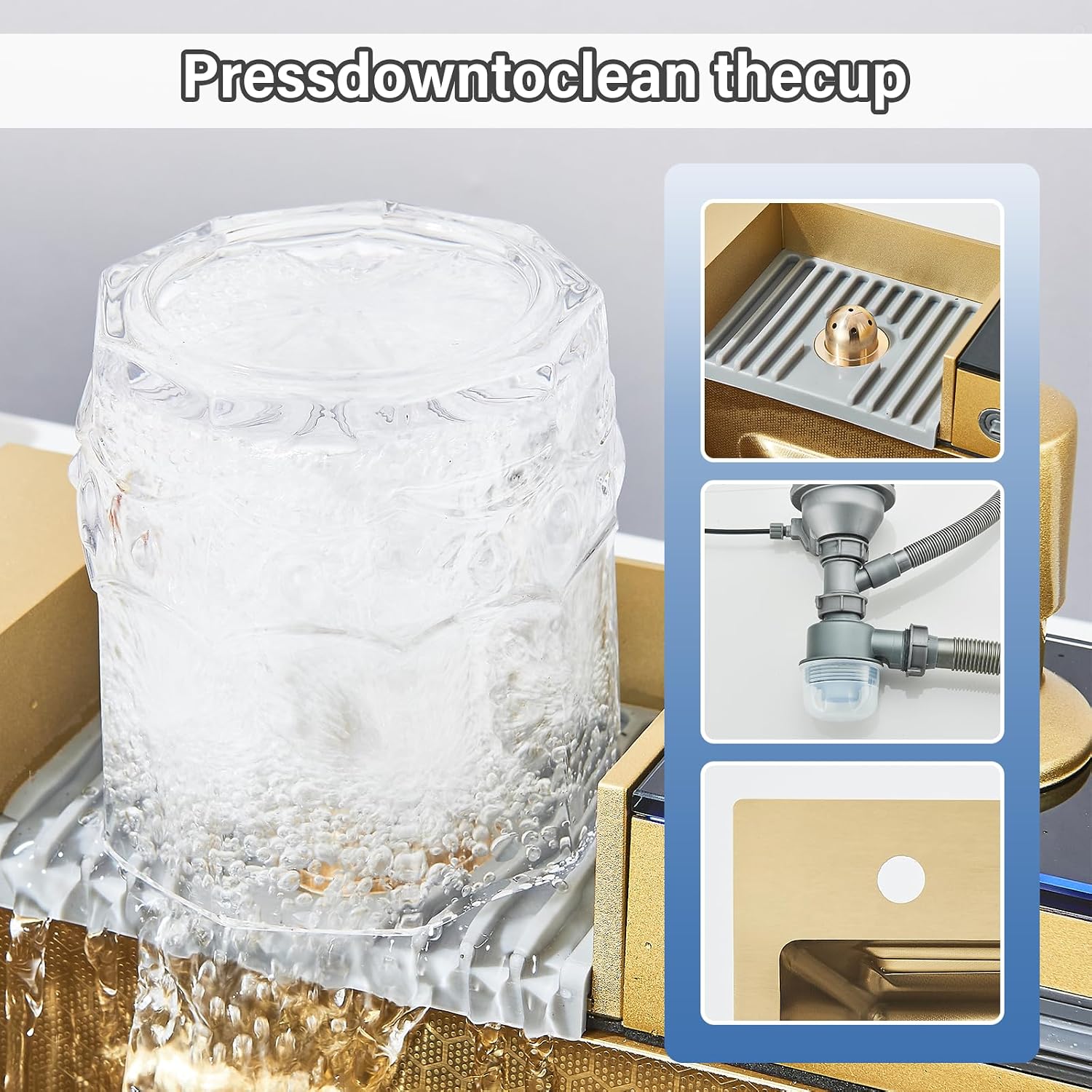 Brushed Gold Waterfall Kitchen Sink Stainless Steel Single Bowl Drop In Sink with Pull-Out Faucet Kitchen Sink Workstation with Cup Washer, Soap Dispenser, Water Filter Tap (29.52'X18.11')