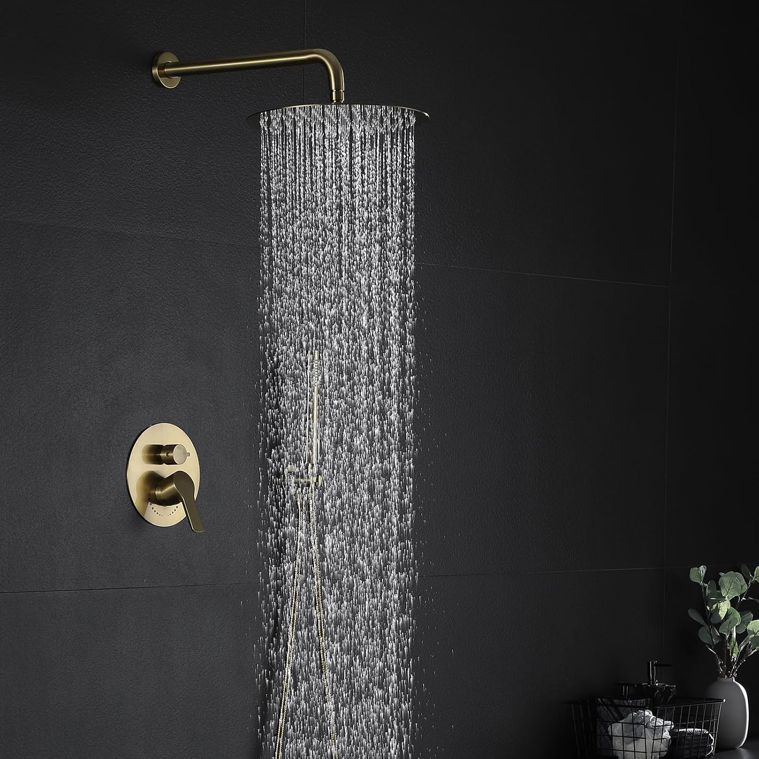 Brushed Gold Shower Fixture Set Has 12 Inch Rain Shower Head with Handheld Showerhead, Brushed Brass Gold Shower System with Solid Brass Valve The Golden Brushed Shower Faucet for Bathroom