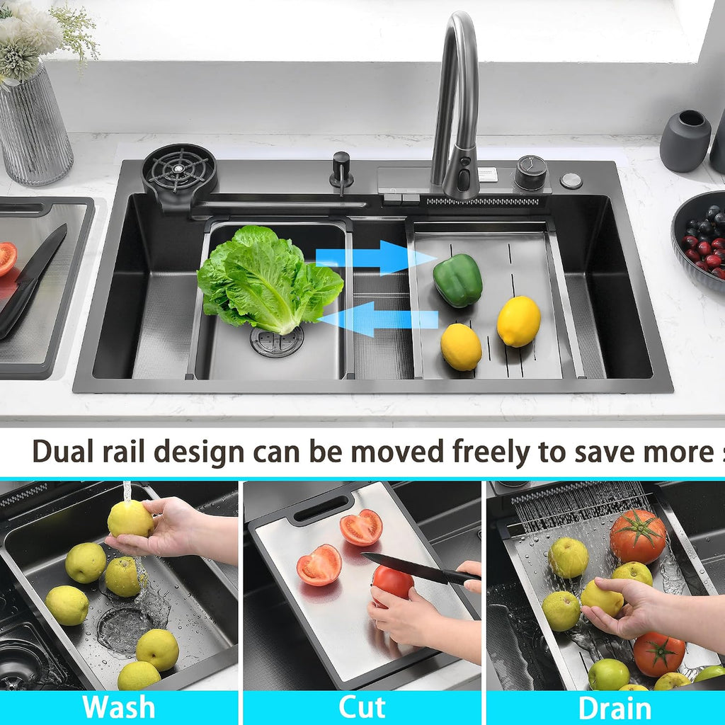 30' x 19.7' Black-Gray Waterfall Kitchen Sink, Drop In Stainless Steel Modern Single Bowl Sink with Pull-Out Spray Faucet, Cup Washer & Accessories