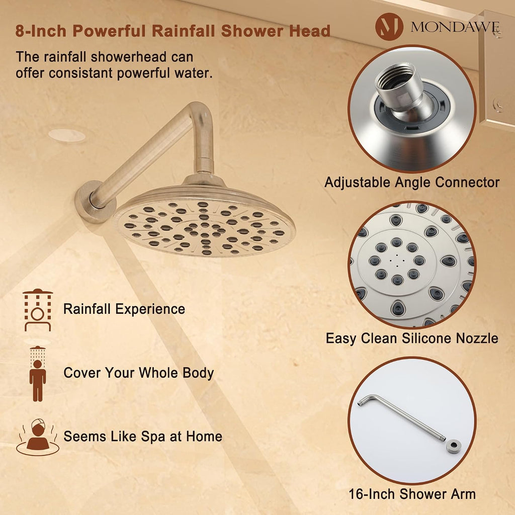 MONDAWE 8 Inch Wall Mounted Shower Faucet Set in Brushed Nickel, Rainfall Shower Head with 3-Setting Handheld Spray Shower Set Combo, High Pressure Shower System with Solid Brass Valve