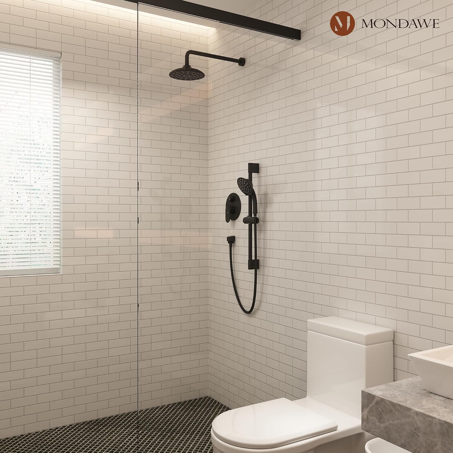 MONDAWE 8 Inch Wall Mounted Shower Faucet Set in Matte Black, Rainfall Shower Head with 3-Setting Handheld Spray Shower Set Combo, High Pressure Shower System with Solid Brass Valve