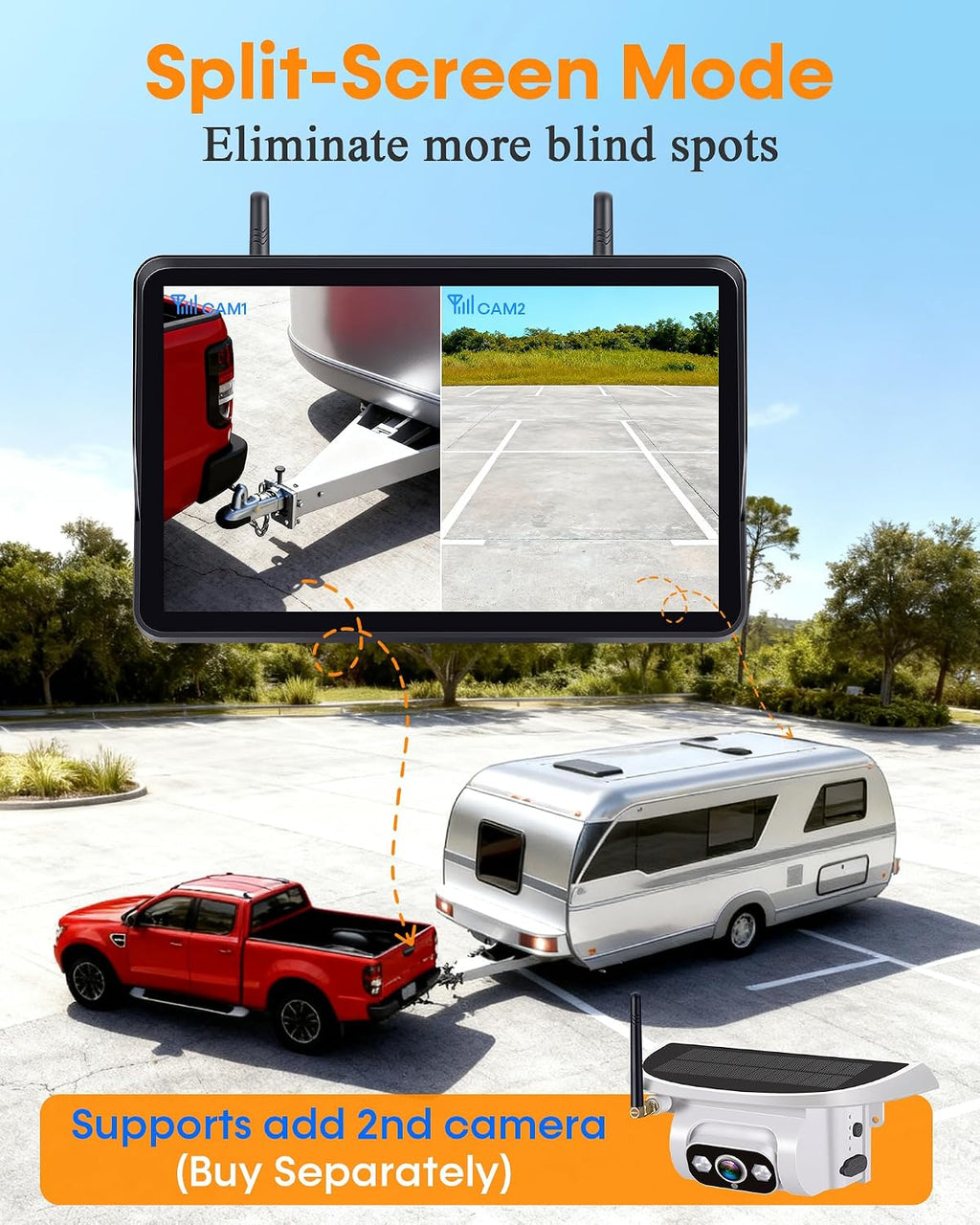 Pemacom Wireless Backup Camera for Towable-RV: 1-Second Magnetic No Wiring Long Distance Signal for Thor/Forest River Series RVs - 7.3' Recording Monitor HD 1080P Auto Sleep Solar RV Backup Camera