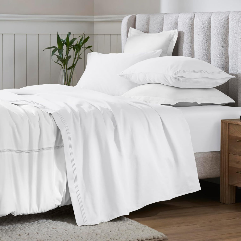 Superior Egyptian Cotton 3 Piece Sheet Set, 650 Thread Count, Eco-Friendly, Sustainable Sheets, Ultra-Soft Basics, Solid, Deep Pocket Fitted Sheet, Flat Sheet, Pillowcase, Twin XL, White