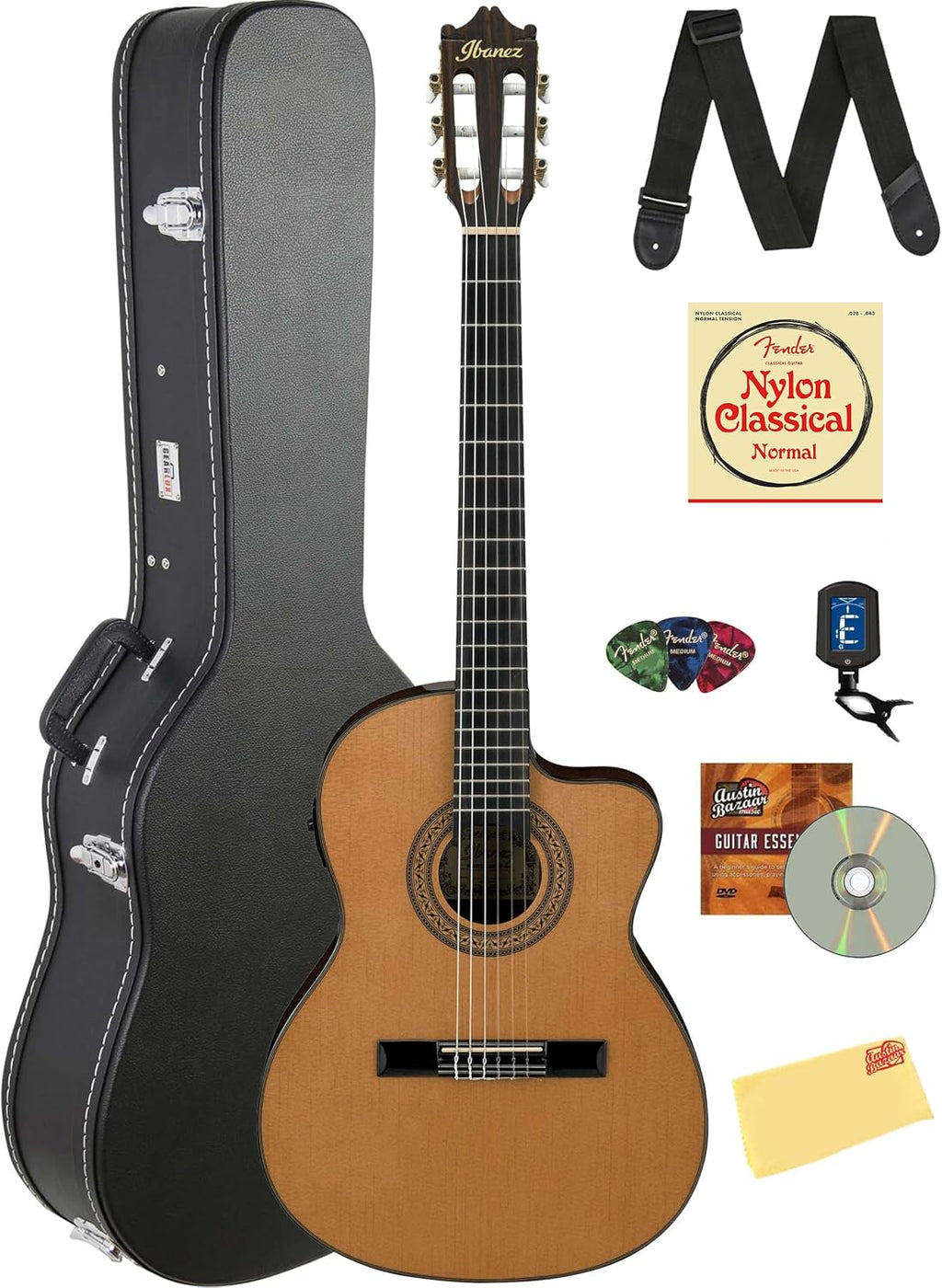 Ibanez GA5TCE Classical Acoustic-Electric Guitar - Amber High Gloss Bundle with Case, Tuner, Strap, Strings, Picks, Austin Bazaar Instructional DVD, and Polishing Cloth