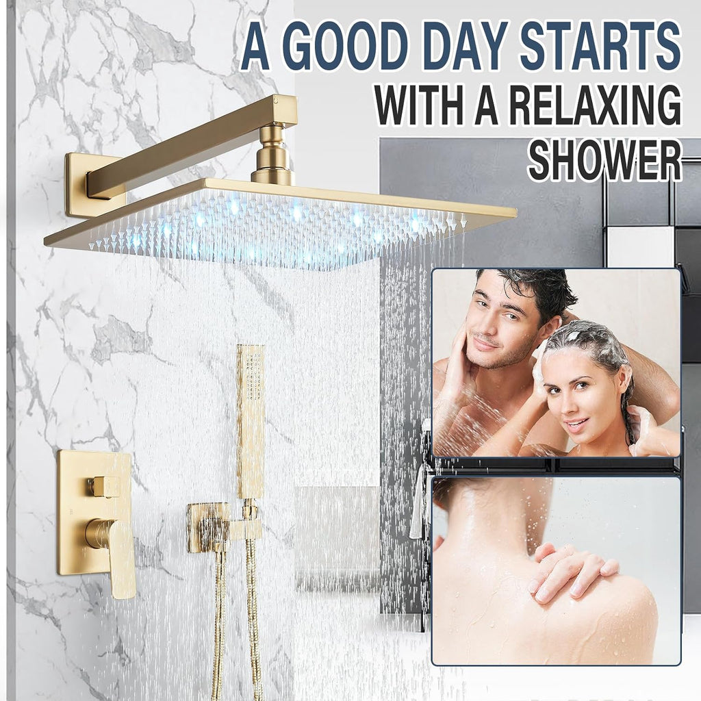 Brushed Gold Rain Shower System with 12 Inch LED Shower Head and Brass Handheld with Brass Valve and Trim Kit Shower Faucets Sets Complete