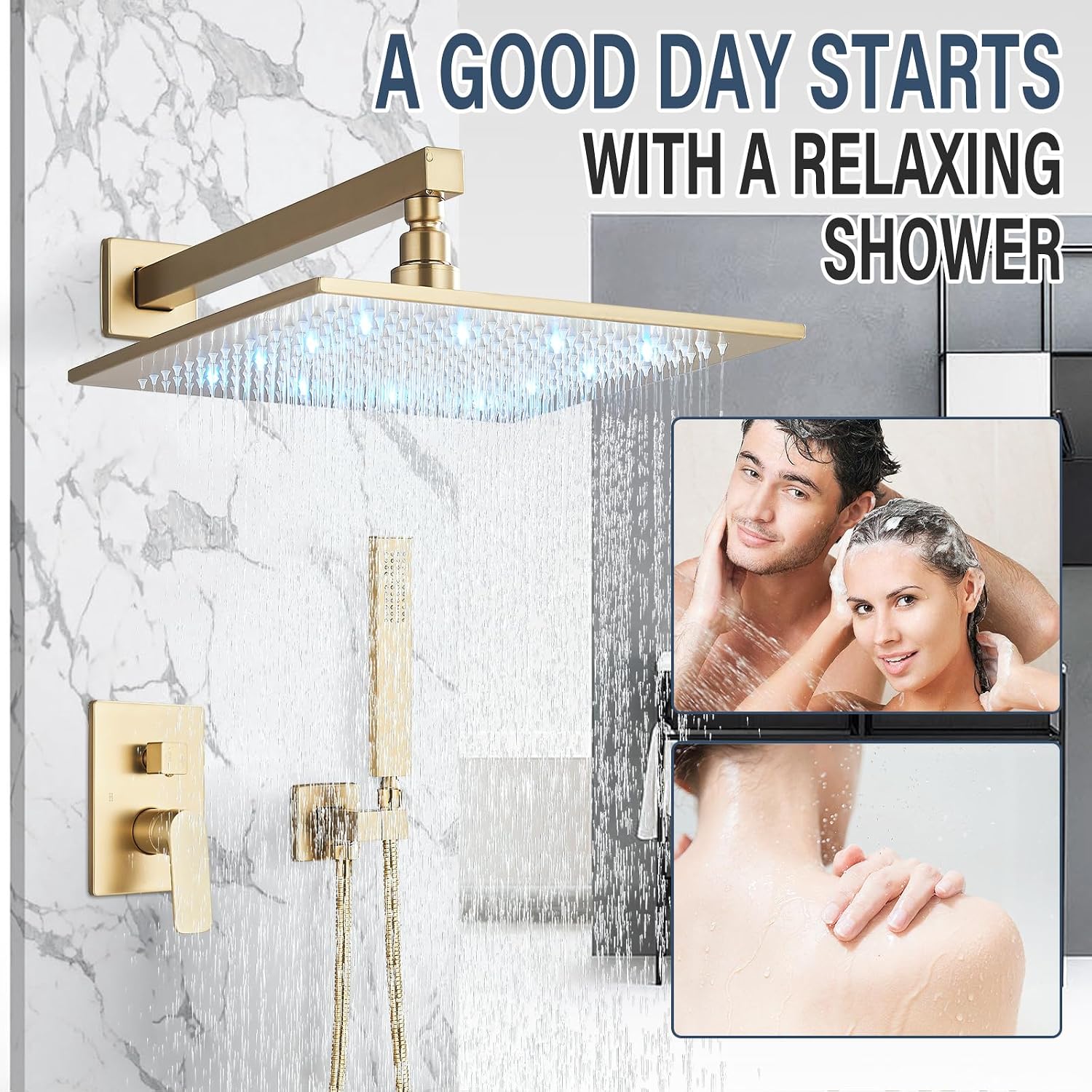 Brushed Gold Rain Shower System with 12 Inch LED Shower Head and Brass Handheld with Brass Valve and Trim Kit Shower Faucets Sets Complete