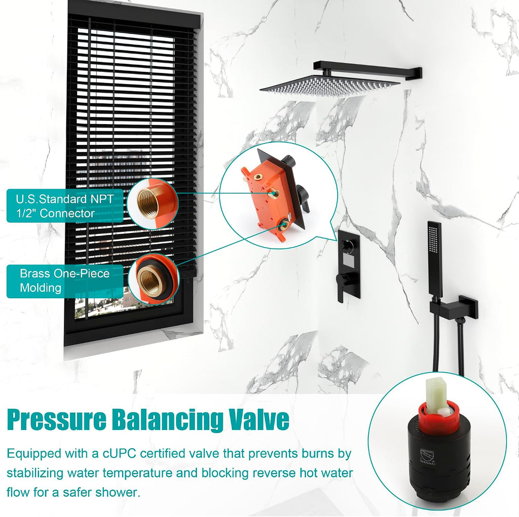 SKOWLL Matte Black Shower Faucet Set Modern Shower Temperature Digital Display, Black Bathroom Faucets Shower System, 12 Inch Shower Head and Faucet Set