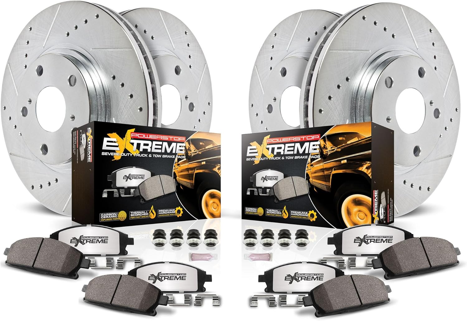 PowerStop Front & Rear Brake Kit For Chevrolet Silverado 2500 HD 2020-24 |GMC Sierra 3500 HD 2020-24 - Truck & Tow Carbon Fiber Ceramic Brake Pads + Drilled & Slotted Rotors Upgrade, K8732-36