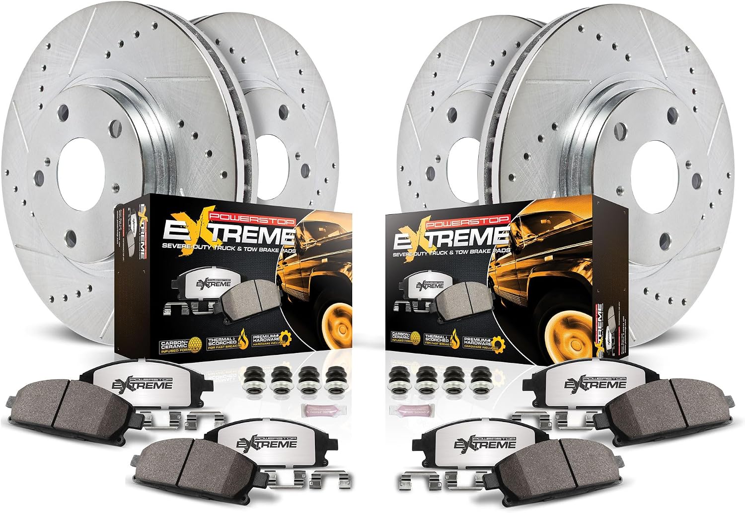 PowerStop Front & Rear Brake Kit For Ram 1500 2019-25 - Truck & Tow Carbon Fiber Ceramic Brake Pads + Drilled & Slotted Rotors Upgrade, K8182-36