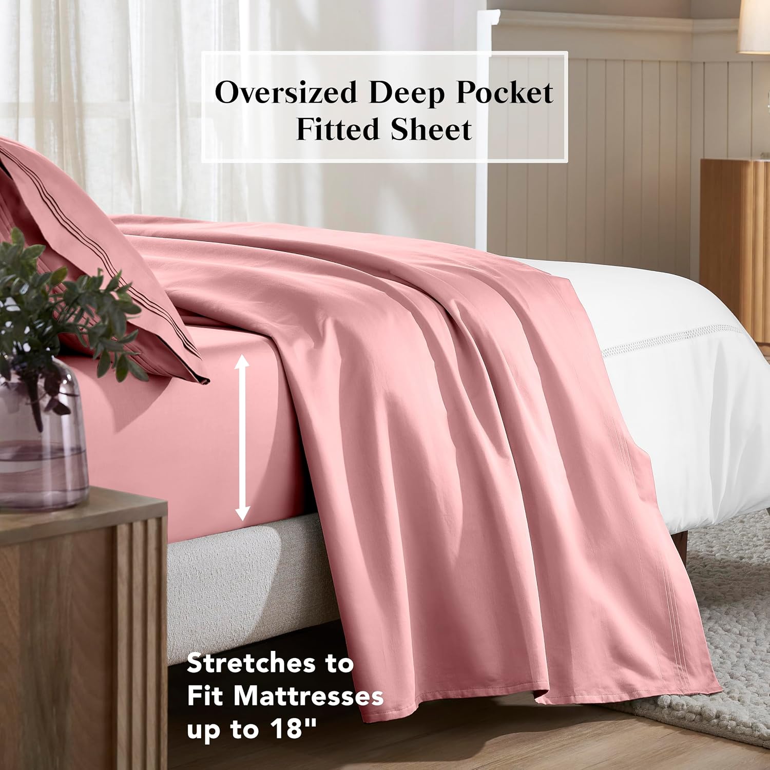 Superior Egyptian Cotton 4 Piece Sheet Set, 650 Thread Count, Eco-Friendly, Sustainable Sheets, Ultra-Soft Basics, Solid, Deep Pocket Fitted Sheet, Flat Sheet, Pillowcases, California King, Blush