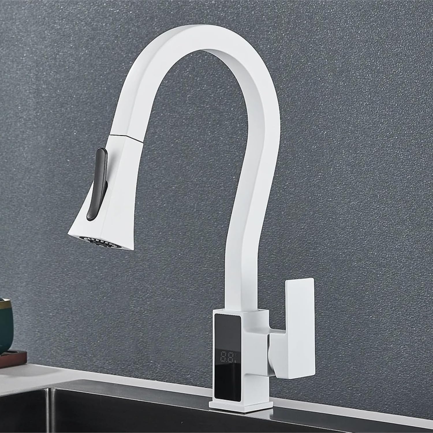 Smart Digital Display Kitchen Faucet Single Handle Pull Out Kitchen Sink Mixer Hot Cold Water Taps(White)