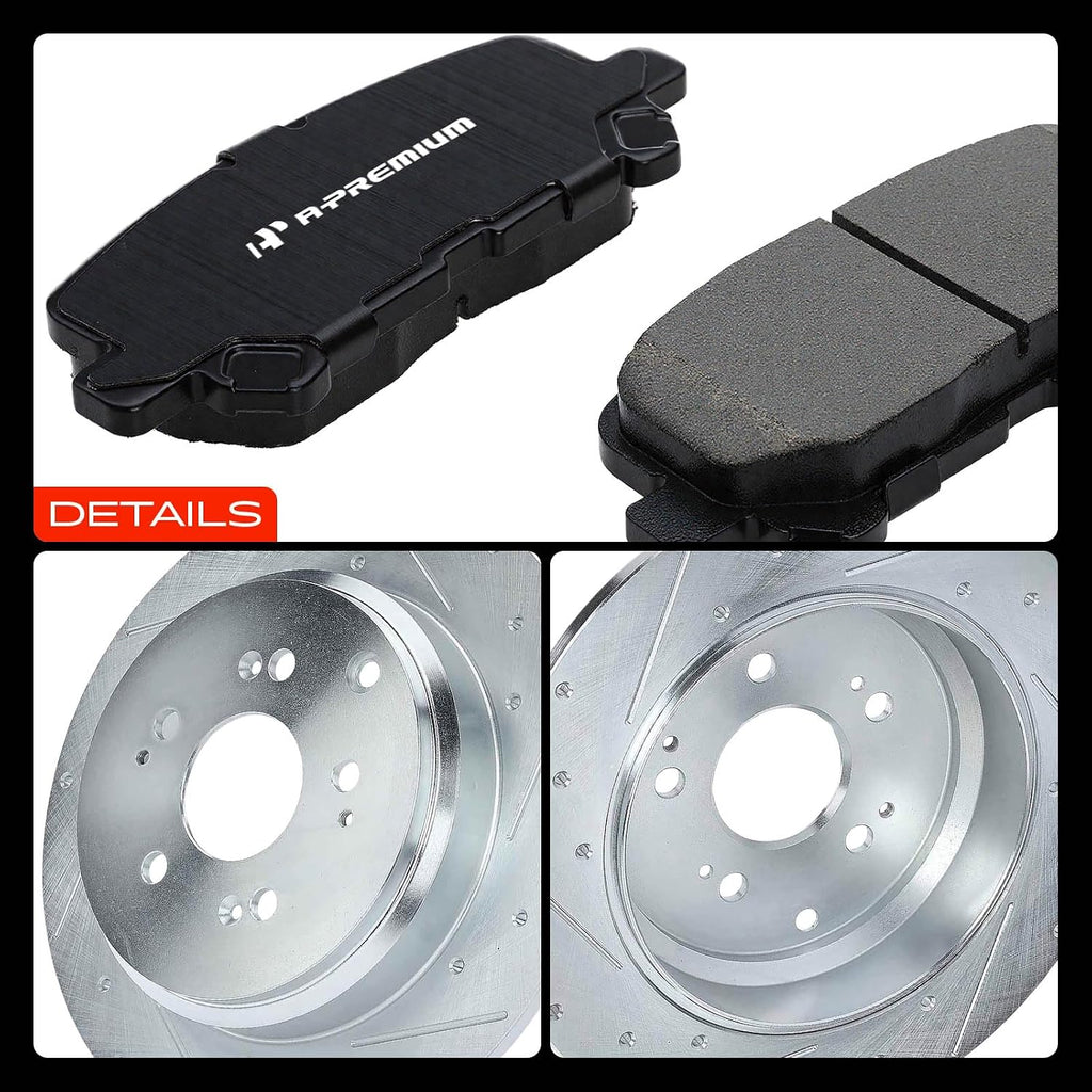A-Premium 13.15 inch (334mm) Rear Drilled and Passenger Disc Brake Rotors + Ceramic Pads Kit Compatible with Select Acura and Honda Models - MDX 2007-2013, ZDX 2010-2013, Odyssey, Pilot, 6-PC Set