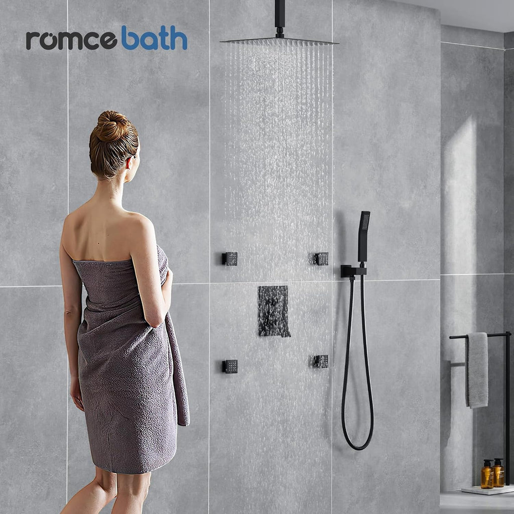 Rain Shower System With Complete 4 Pcs Body Sprays Jets And Pressured Balance Rough-in Valve,12Inch Rainfall Shower Head And Handheld, Modern Matte Black Ceiling Mount Shower Faucets Sets