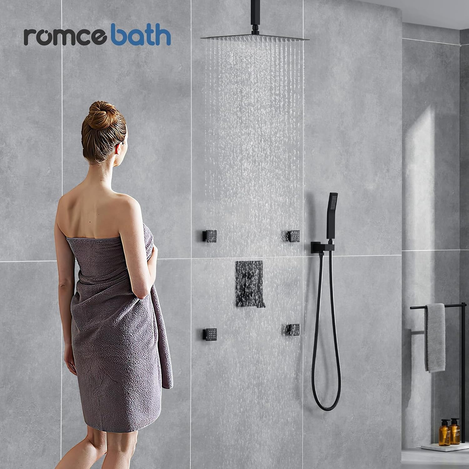 Rain Shower System With Complete 4 Pcs Body Sprays Jets And Pressured Balance Rough-in Valve,12Inch Rainfall Shower Head And Handheld, Modern Matte Black Ceiling Mount Shower Faucets Sets