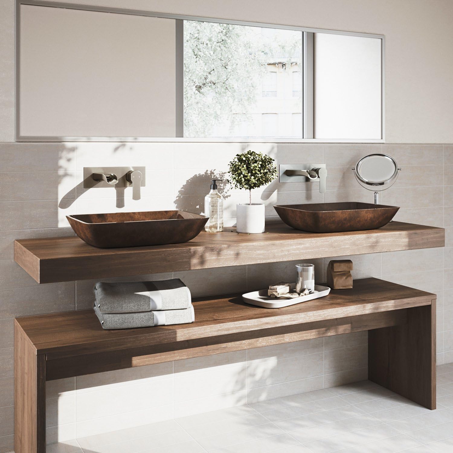 VIGO Cornelius Waterfall Single-Handle Two-Hole Wall Mount Bathroom Sink Faucet, Brushed Nickel, Modern Design, Solid Brass, 1.2 GPM WaterSense & Ceramic Disc Valve, Corrosion-Resistant - VG05004BN