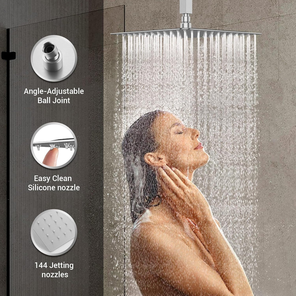 DASAN Full Body Shower System with 6 PCS Body Spray Jets & 12'' Rain Shower Head & Handheld, Ceiling Mount Rain Shower System Brushed Nickel Shower Faucets Sets Complete with Valve, SA-SS03ABN-S12C