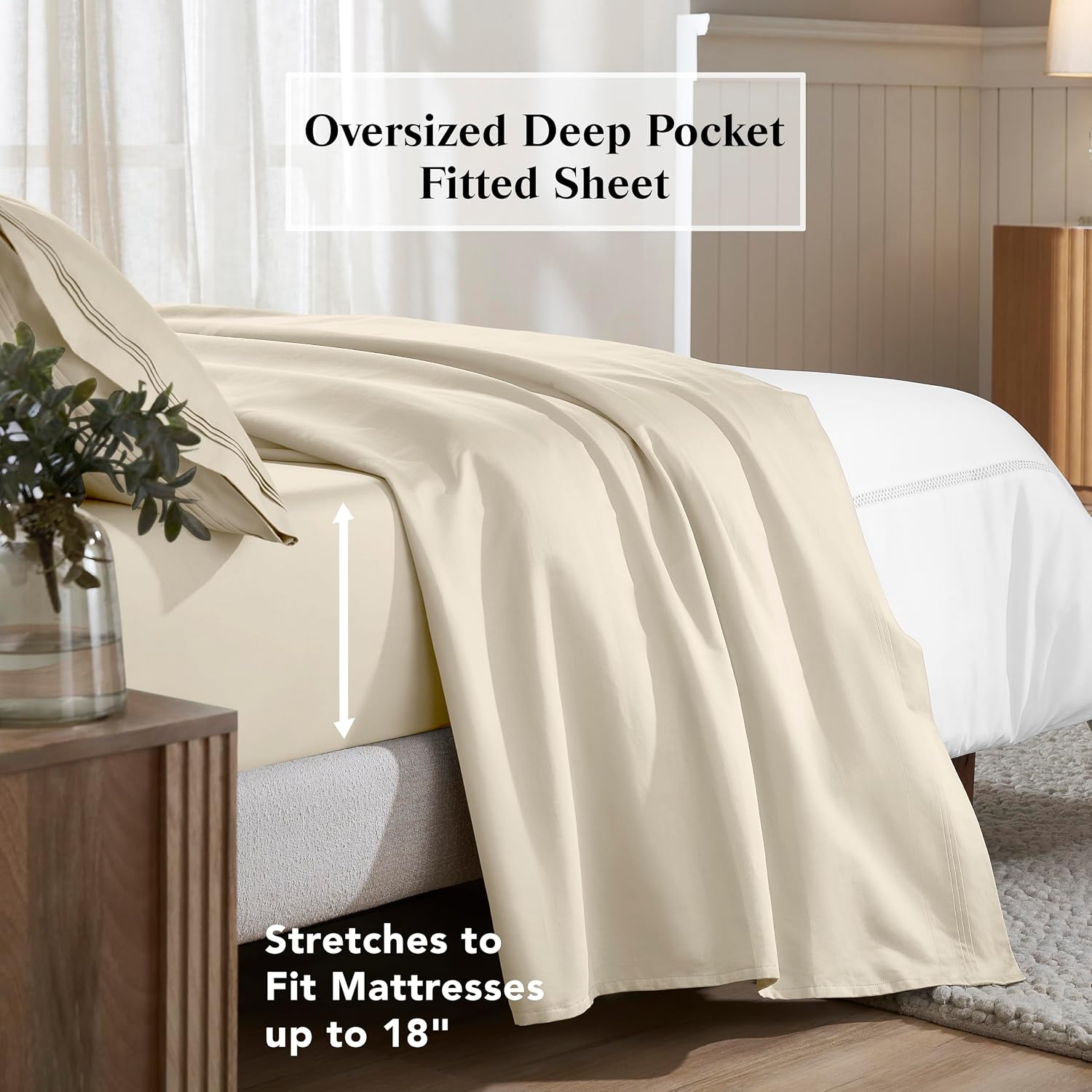 Superior Egyptian Cotton 4 Piece Sheet Set, 650 Thread Count, Modern Design, Sustainable Sheets, Ultra-Soft Basics, Solid, Deep Pocket Fitted Sheet, Flat Sheet, Pillowcases, California King, Ivory