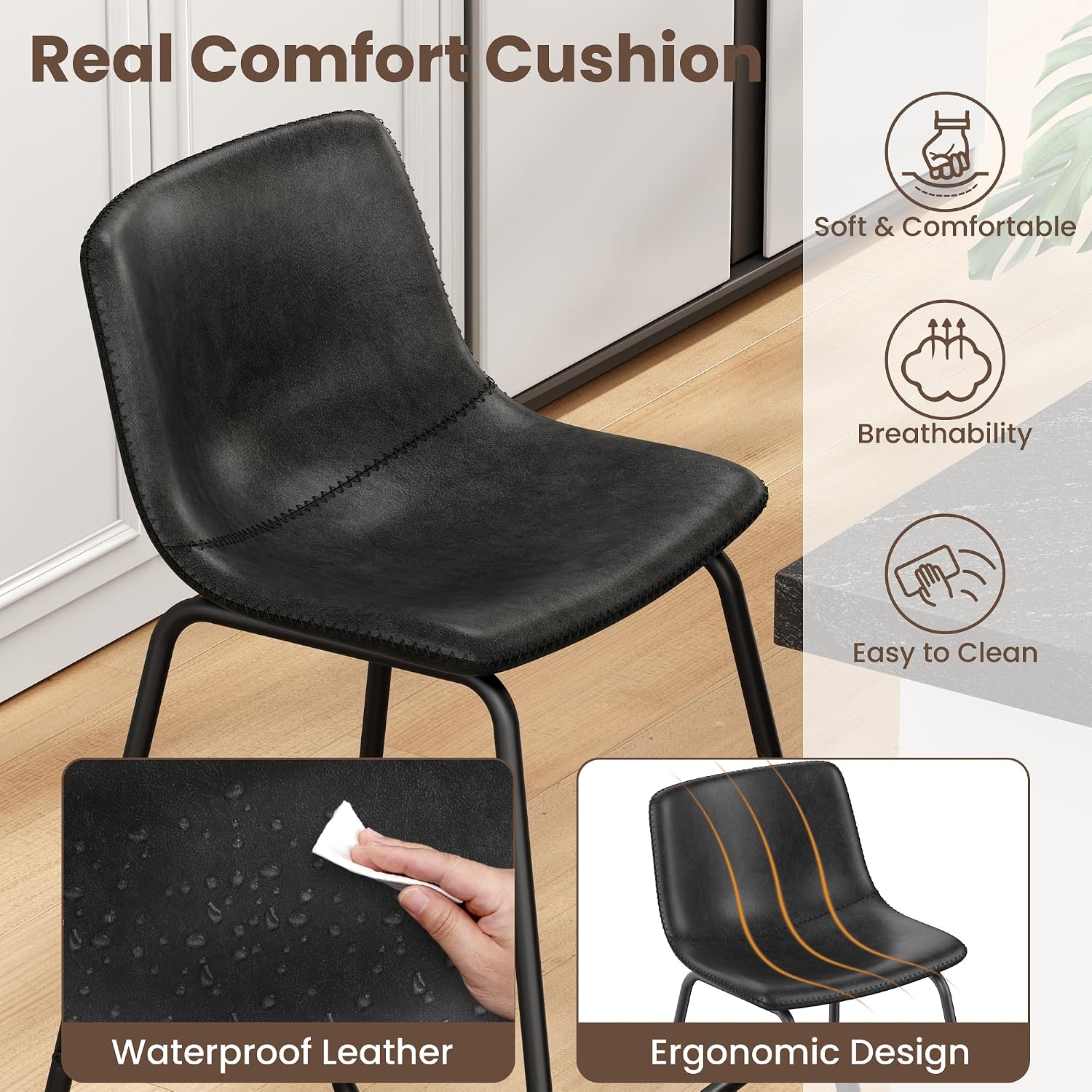 REONEY Bar Stools Set of 4, Faux Leather Counter Height Stools, 26' Modern Barstools with Metal Legs and Footrest, Urban Armless Counter Chairs with Back for Kitchen Island (Black)