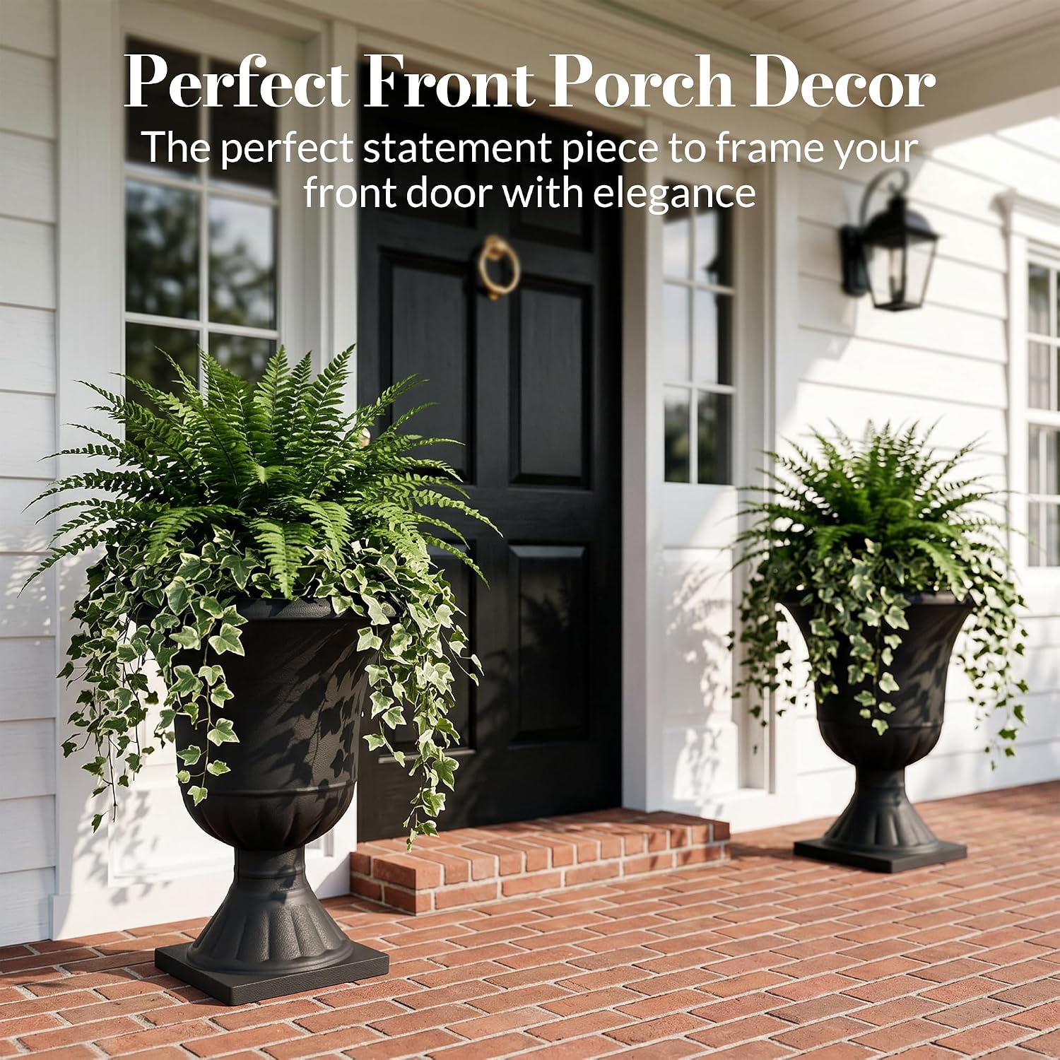 Worth Garden 2-Pack Plastic Urn Planters for Outdoor Plants, 22'' Black Tall Round Classic Resin Traditional Flower Pots - 15 in. Dia Large Imitation Stone Decorative Pot Patio Deck Front Porch
